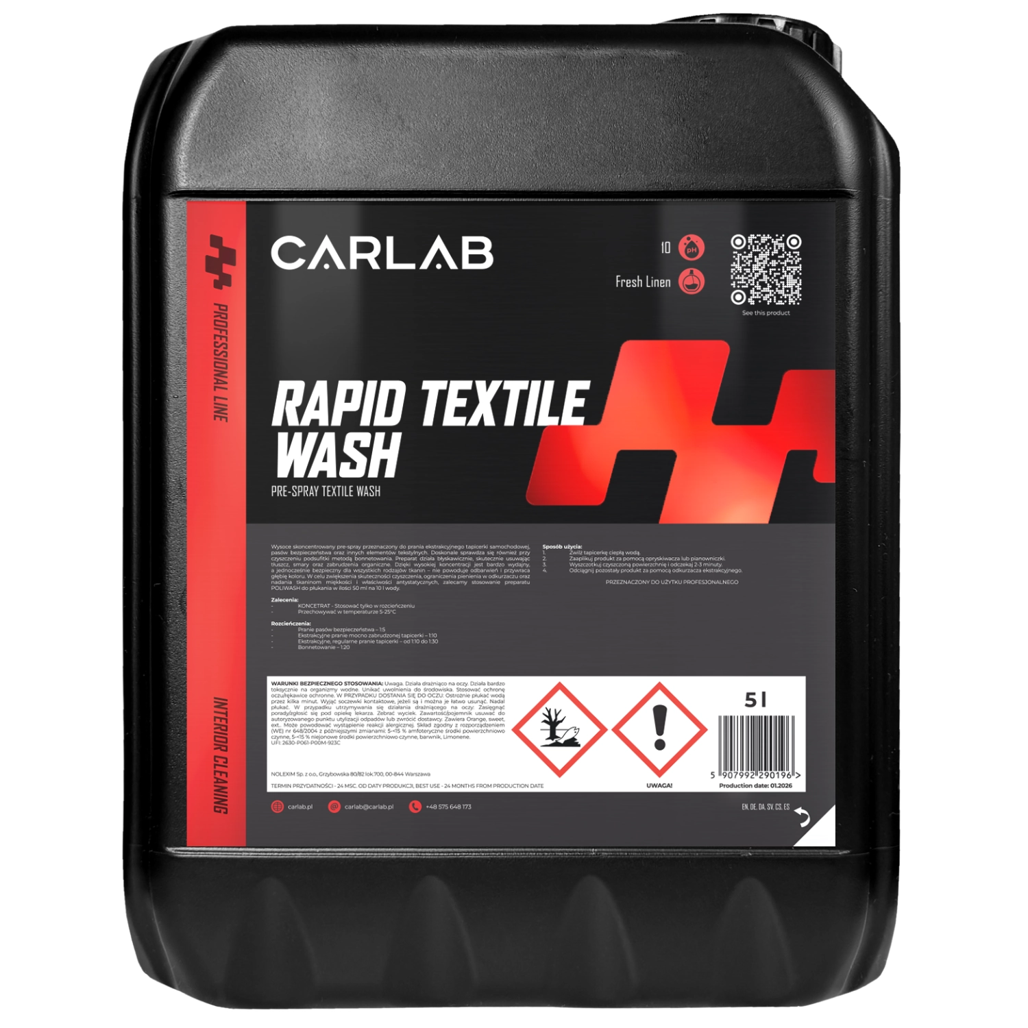 CarLab Concentrated Textile Cleaner 5L for car upholstery and seat belt extraction cleaning