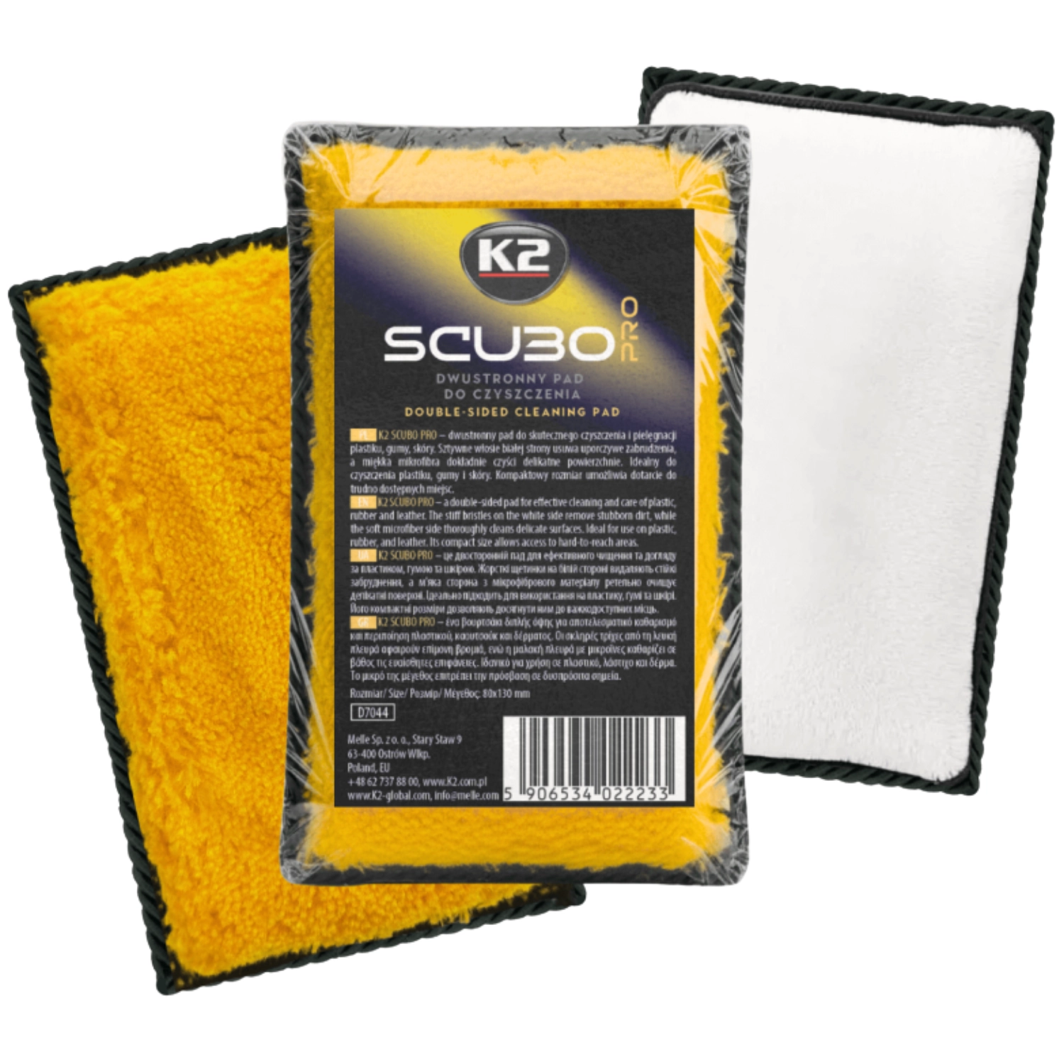 K2 Dubbelsidig Rengöringspad 13×8 cm med vit borst och gul microfiber för interiörrengöring