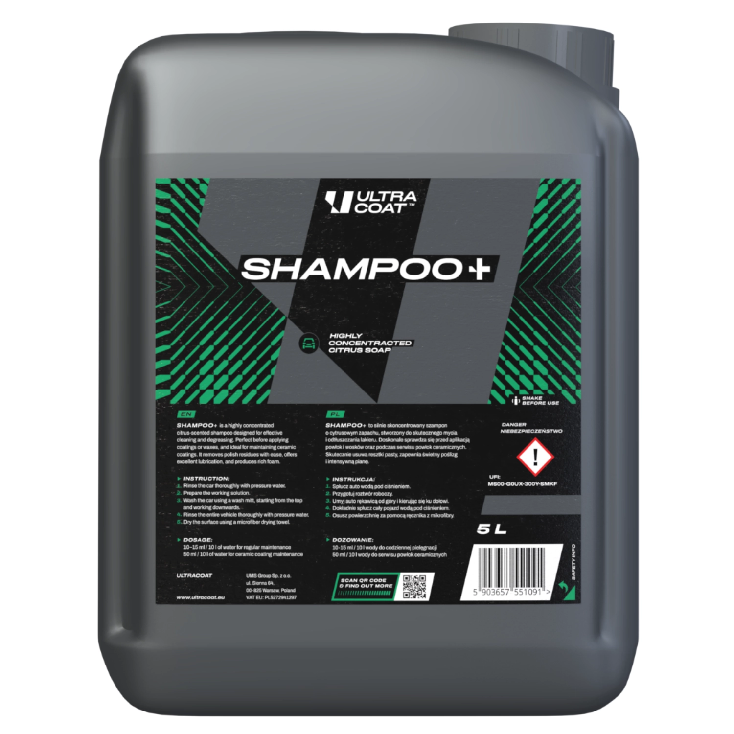 Ultracoat Shampoo+ 5L highly concentrated degreasing shampoo for car washing and Coating preparation
