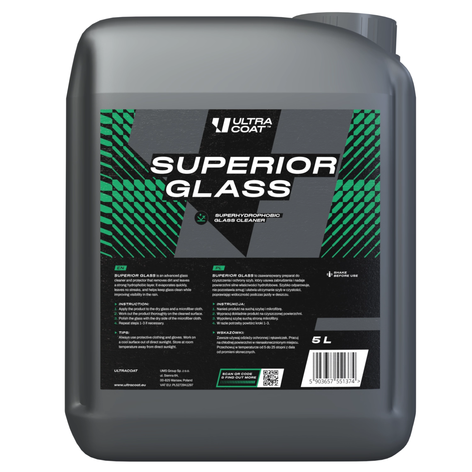 Ultracoat Water-Repellent Glass Cleaner Lemon 5L bottle for professional vehicle glass care