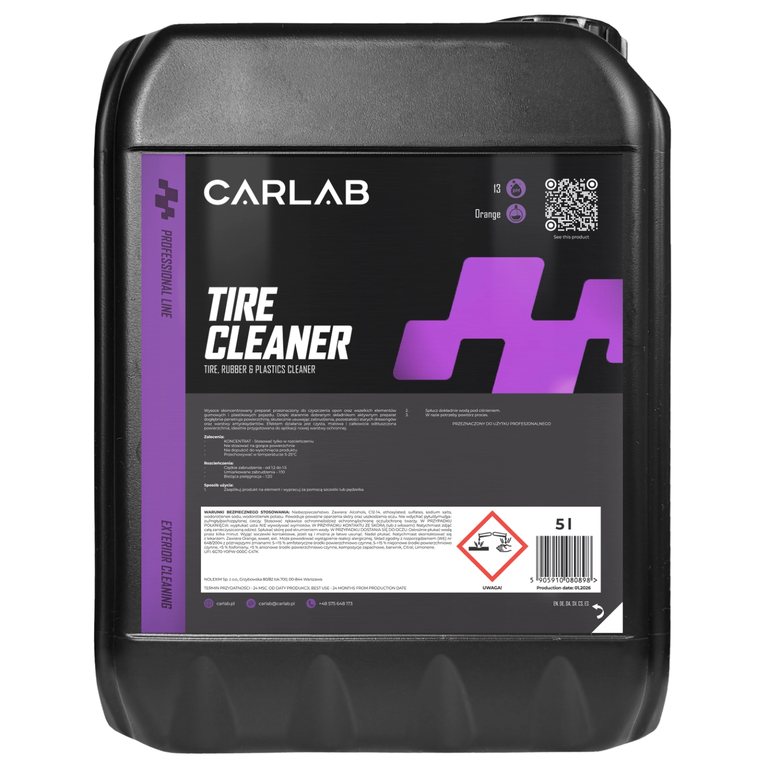 CarLab Tyre Cleaner Concentrate 5L bottle for professional cleaning of tyres and rubber