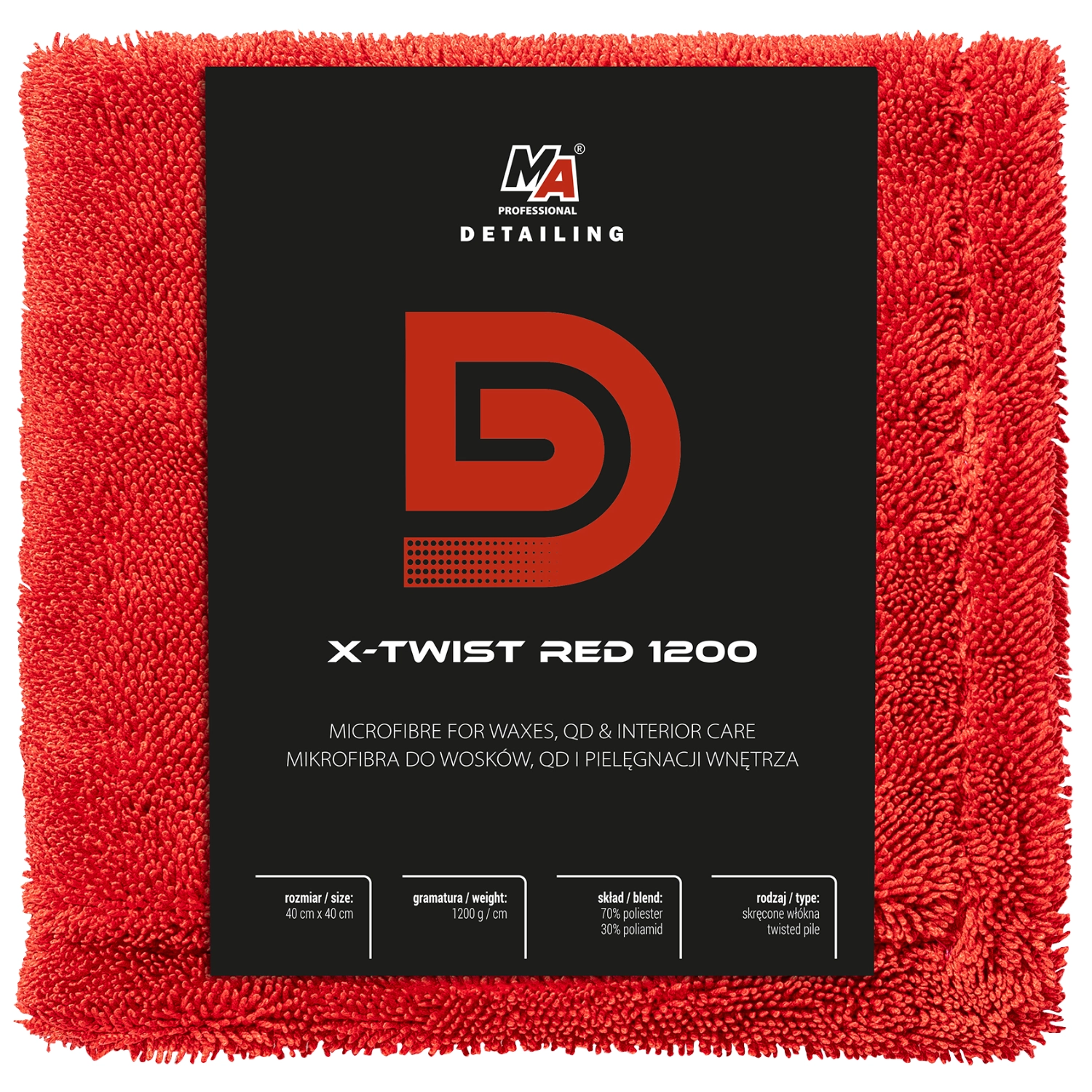 Röd MA mikrofiberduk X-Twist Red 40x40cm, Twisted Pile-väv 1200gsm, för vax och Quick Detailer-arbete