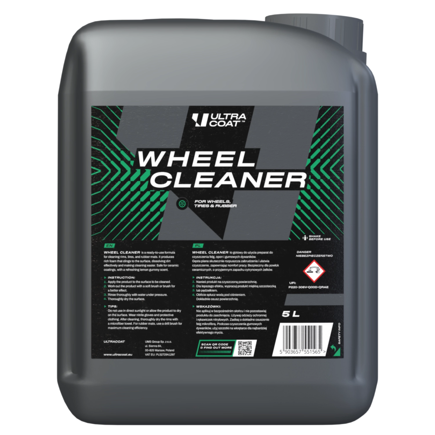 Ultracoat Citrus Wheel Cleaner 5L bottle for professional cleaning of wheels and tyres