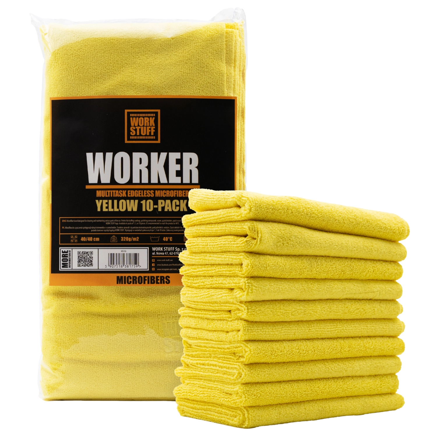Yellow WORK STUFF Seamless Microfibre Cloth 40x40 cm for scratch-free drying and polishing