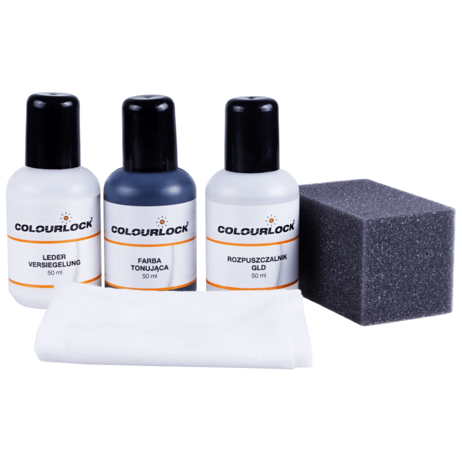 Lädertonande Set Audi Hellbeige 3×50ml från Colourlock med toningsfärg, lösningsmedel och försegling