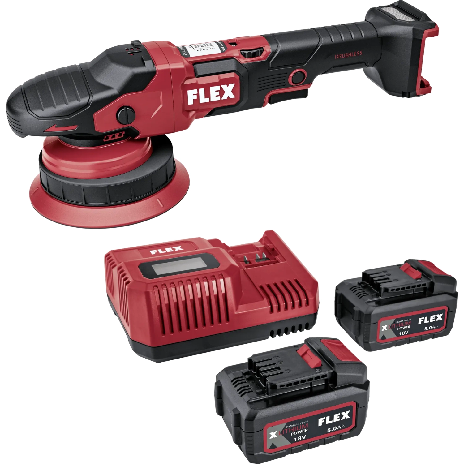 Cordless dual action polisher FLEX XFE 2-15 18-EC with batteries, charger and STACK PACK bags