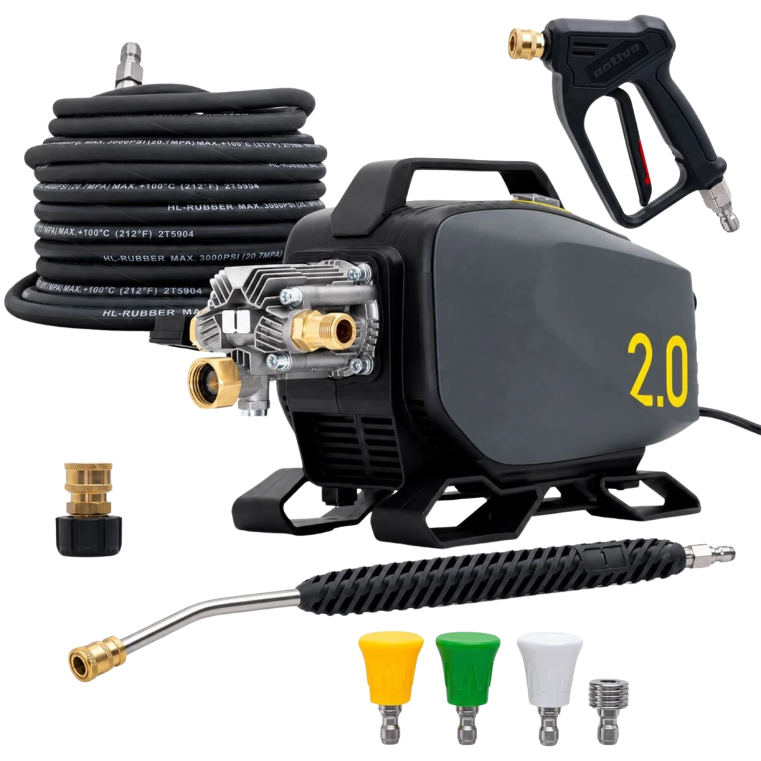 Active Pressure Washer 115 BAR with 5-piston pump, 12-metre hose, and standard accessories kit
