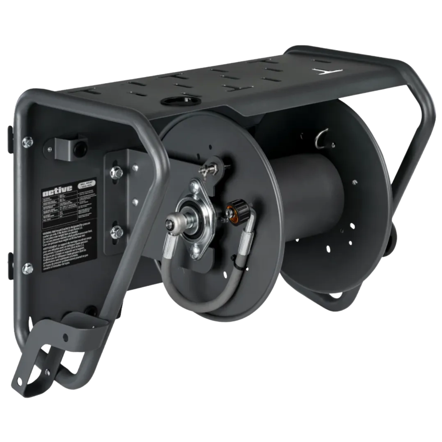 Active wall mount kit with hose reel and organiser for pressure washer and accessories, mounted on a wall