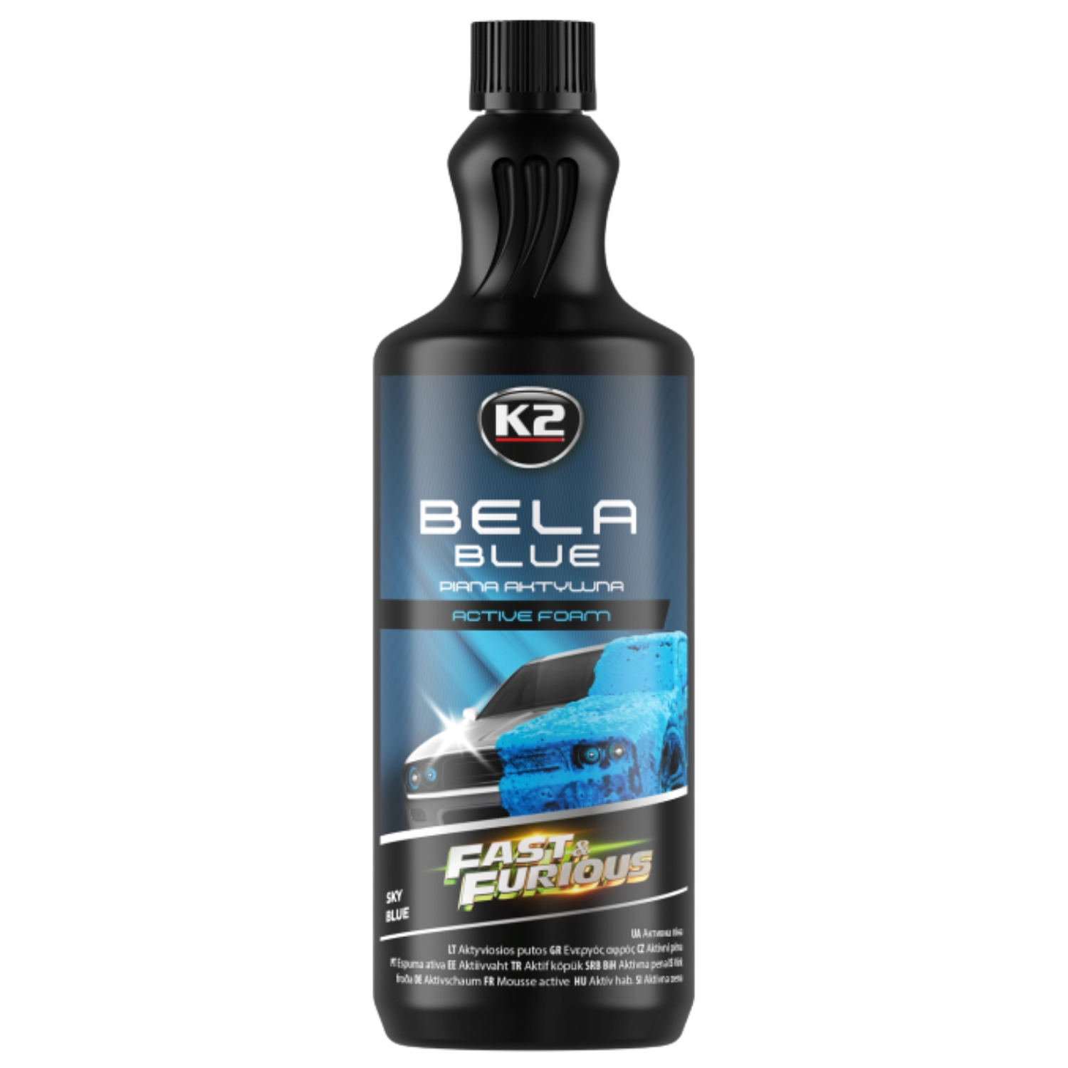 Blue active snow foam K2 Bela Blue Fast and Furious one litre bottle for effective pre-wash