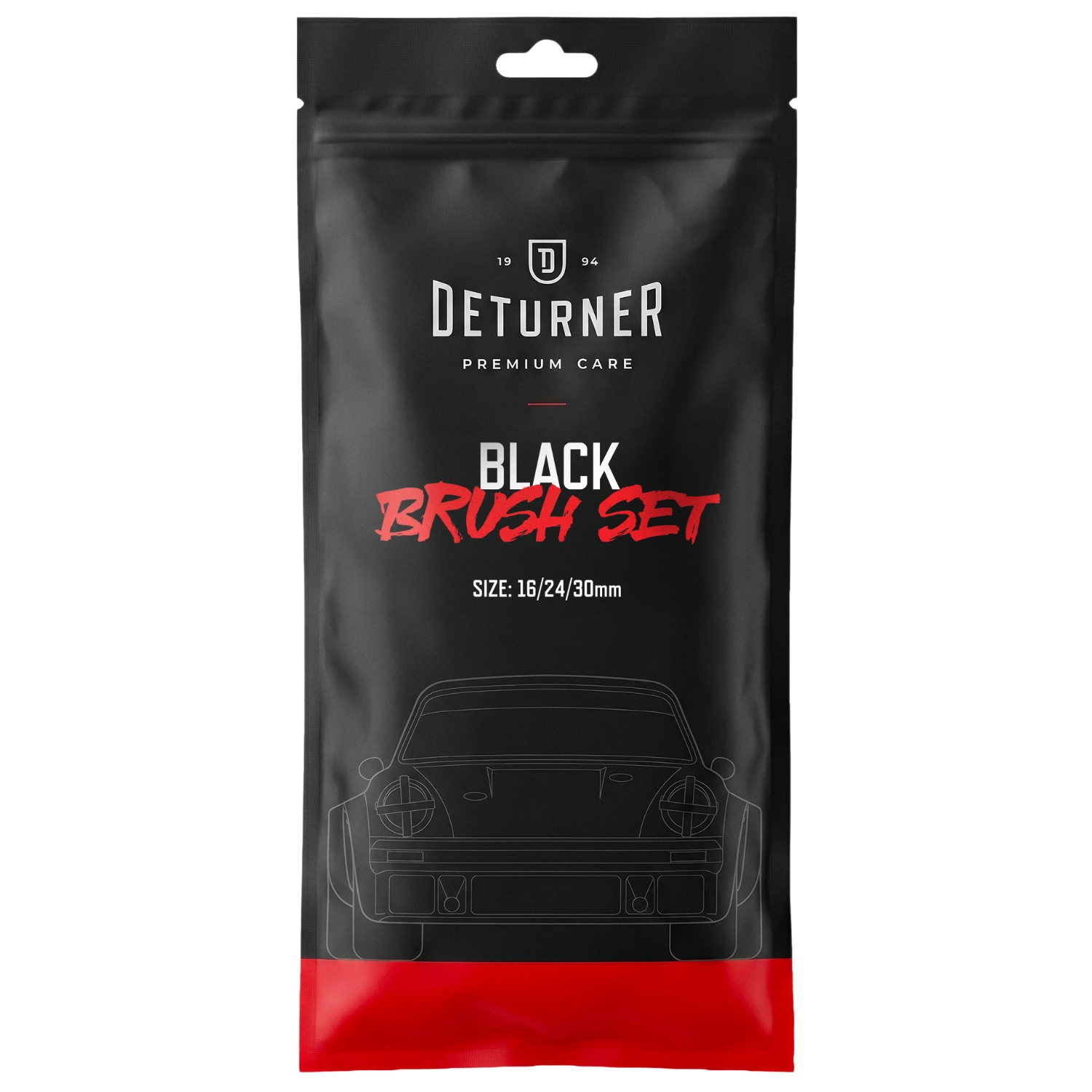 Three black Deturner detail brushes in sixteen, twenty-four and thirty millimetre sizes for car detailing