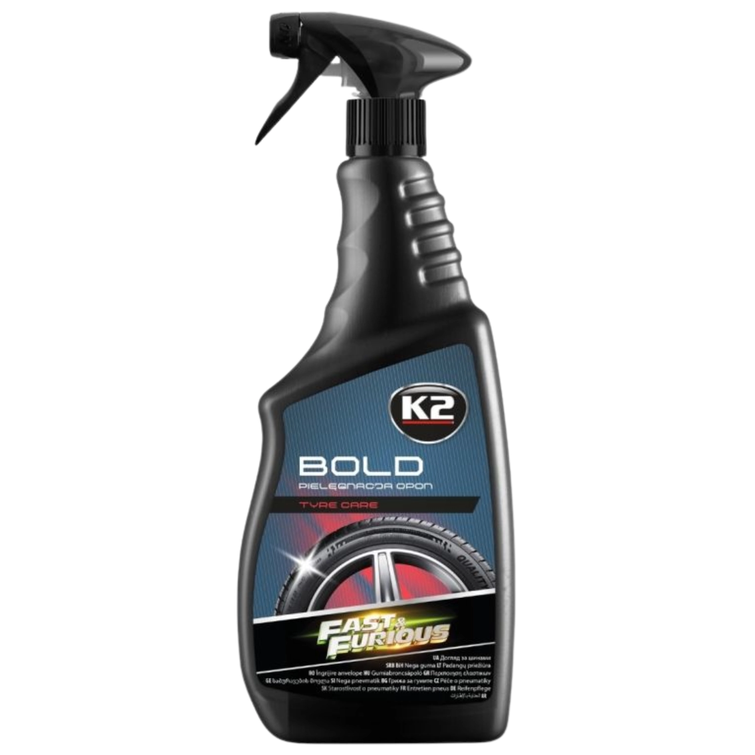 K2 Fast & Furious Bold däckglans sprayflaska 750ml för djup svärta och UV-skydd på bildäck