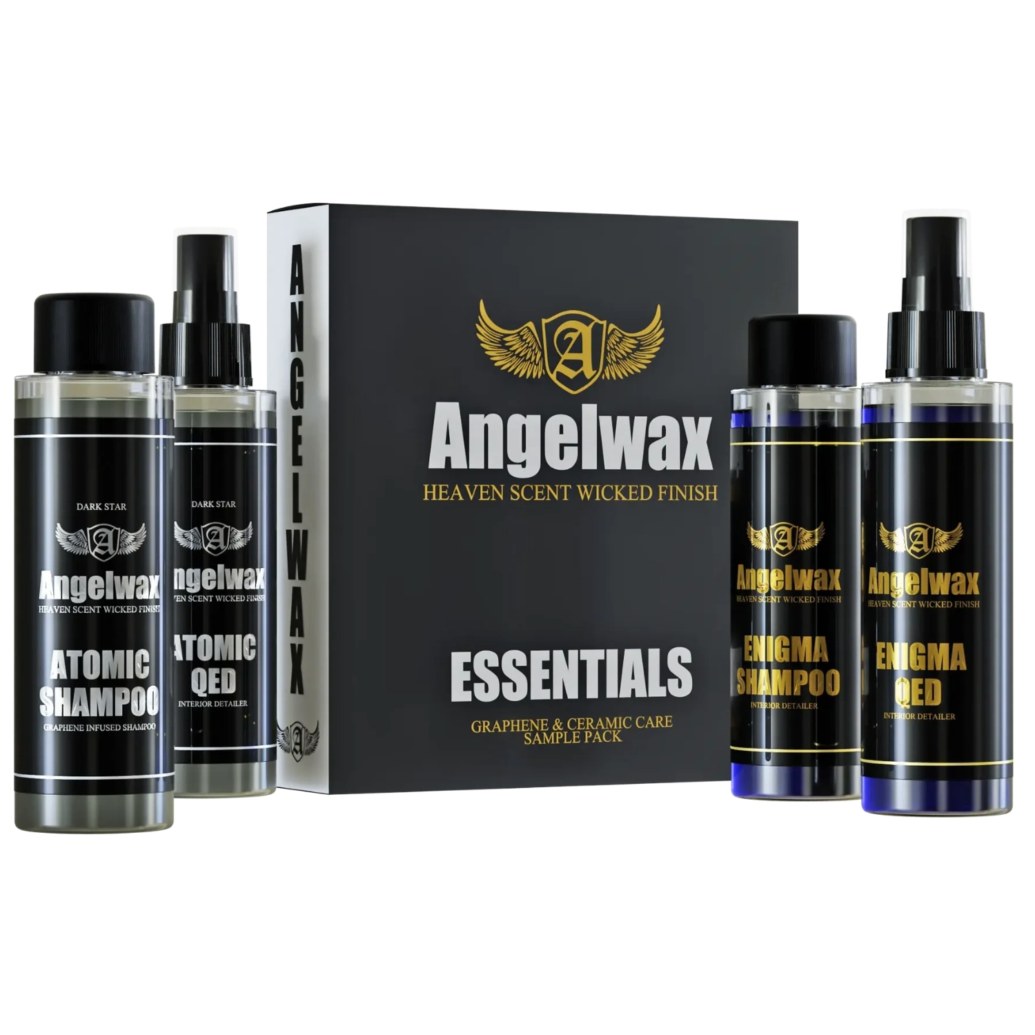 Angelwax Essential Kit Ceramic car care kit with four 100ml bottles of shampoo and Quick Detailer