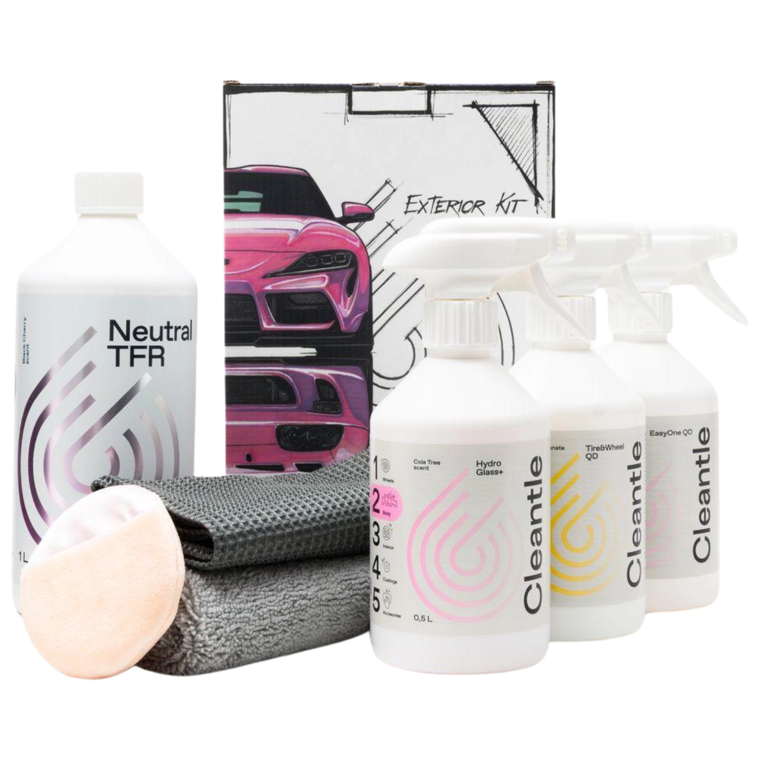 Cleantle exterior detailing kit with seven pieces including TFR, Quick Detailer, glass cleaner and microfibre towels