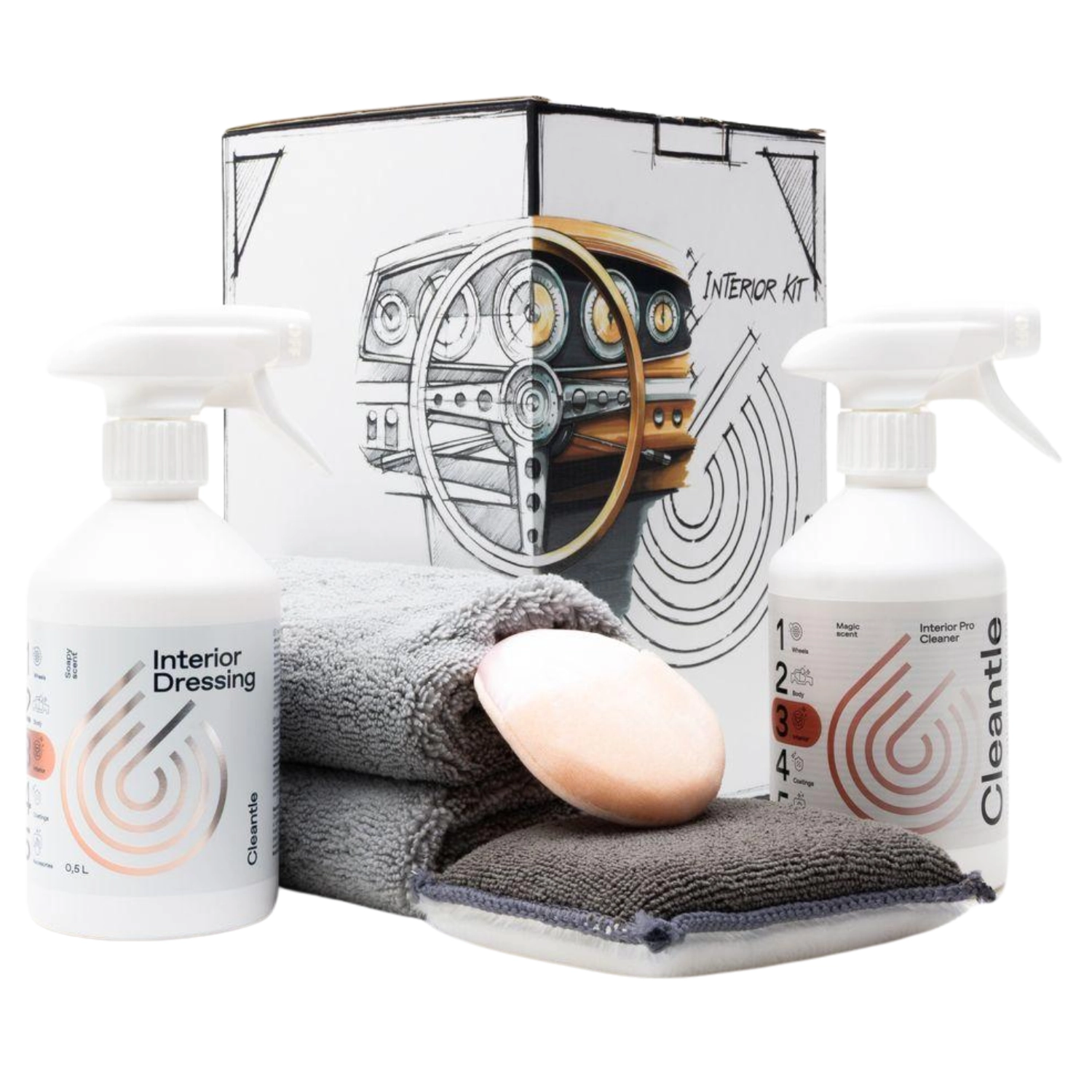 Cleantle Interior Kit with Interior Cleaner Pro, Interior Dressing, pads and microfibre towels
