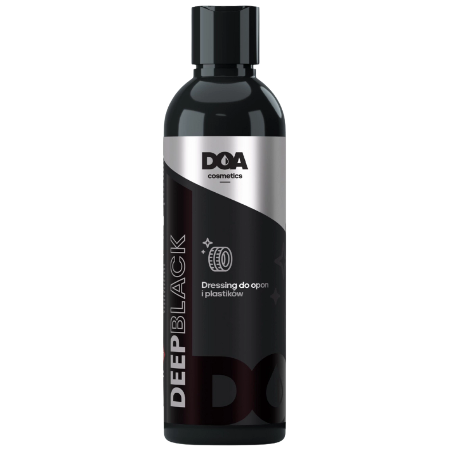 DOA Deep Black Tyre Dressing 250ml bottle with black liquid for tyres and external plastic trim