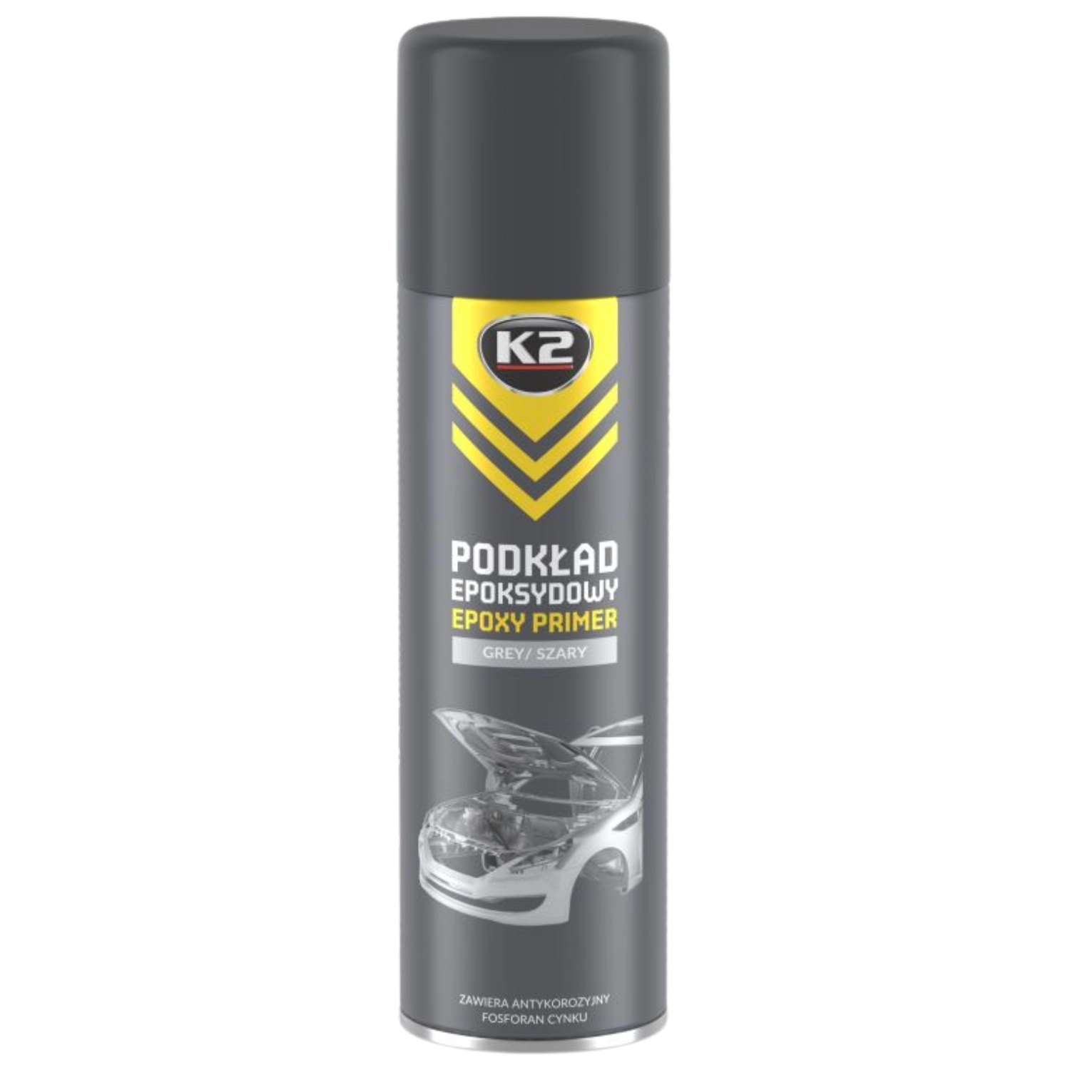 K2 Epoxy Primer anti-rust grey 500ml spray can with 180-degree nozzle for metal surfaces