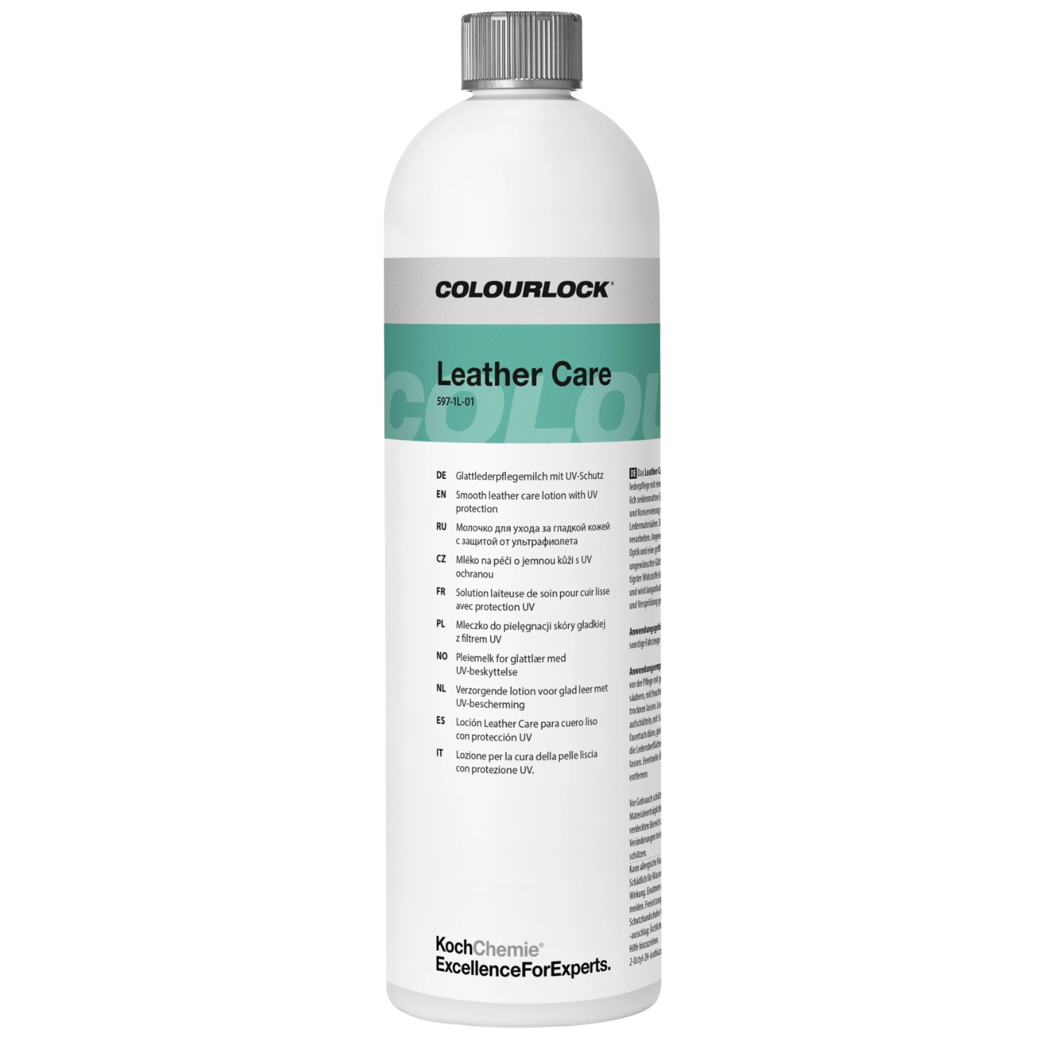 Koch Chemie LC Leather Care 1L flaska för läderbehandling med UV-skydd och sidenmatt finish