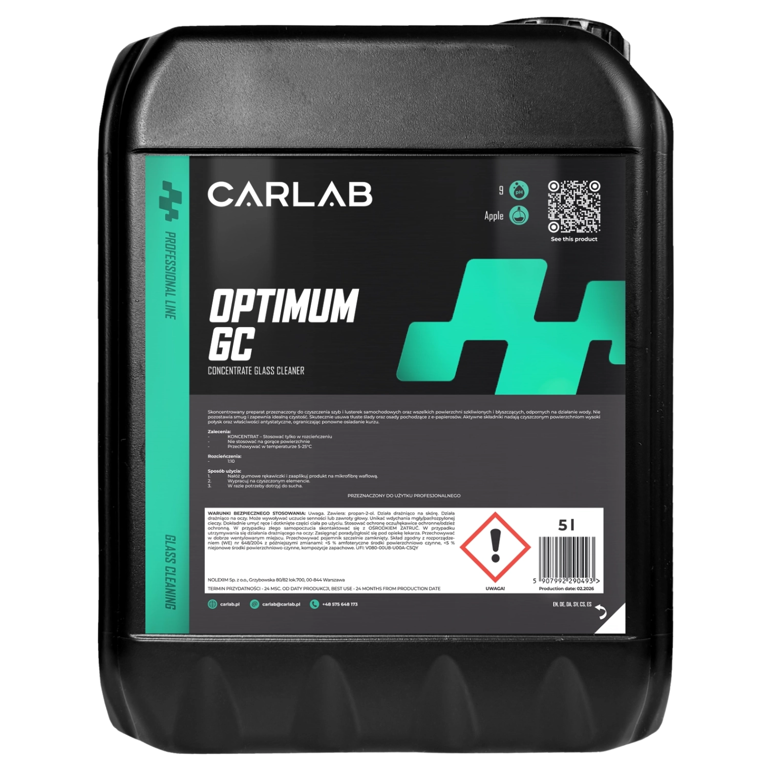 CarLab Glasrengöring Koncentrat 5L för professionell rengöring av bilrutor och speglar, med antistatiska egenskaper