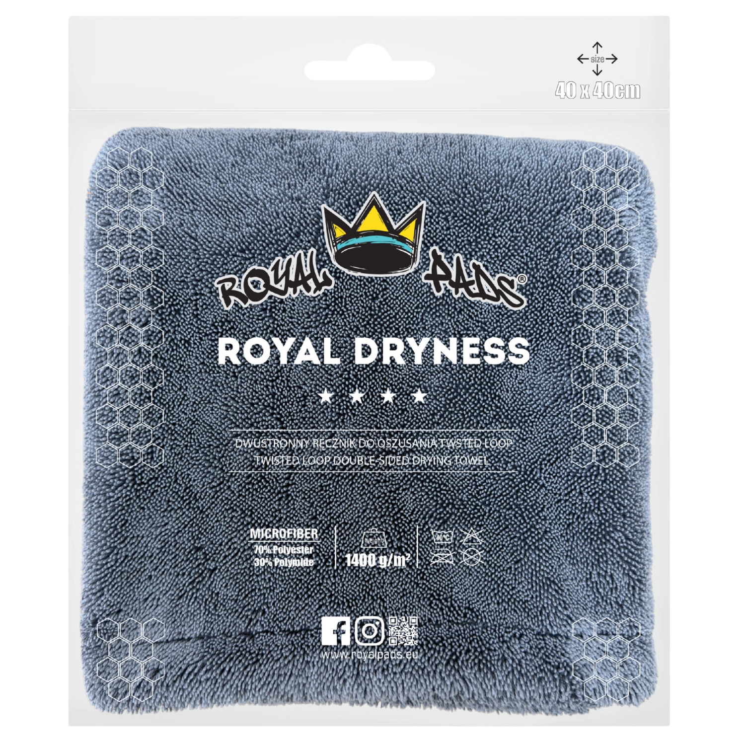 Grey Royal Pads Microfibre Drying Towel 1400 GSM 40x40cm with Twisted Pile structure for car care