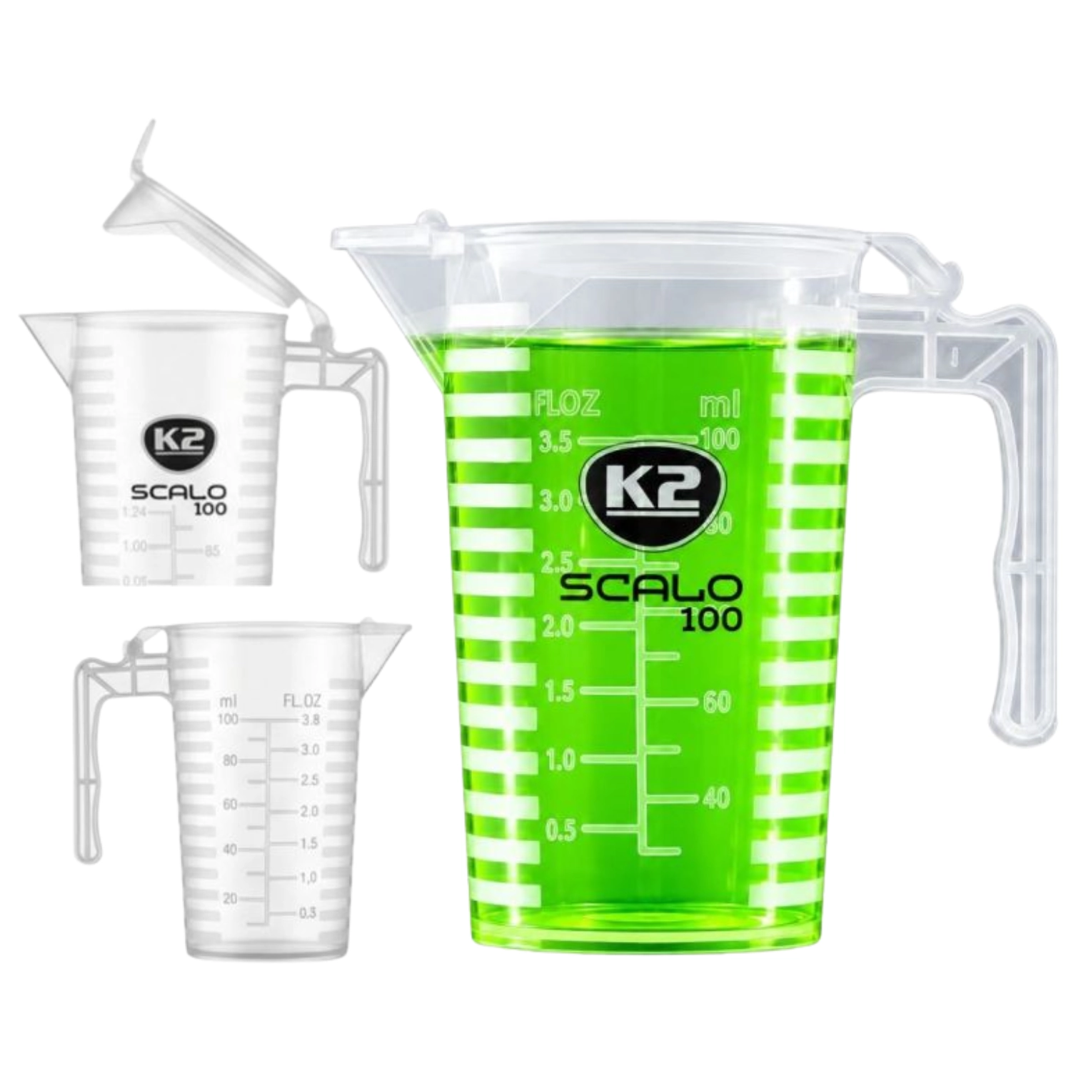 Transparent K2 Scalo måttbägare 100ml med lock och tydlig skala för bilkemi