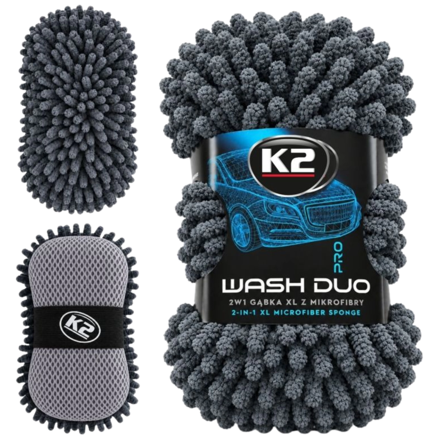K2 double-sided 2-in-1 wash sponge with soft chenille and mesh side for car washing