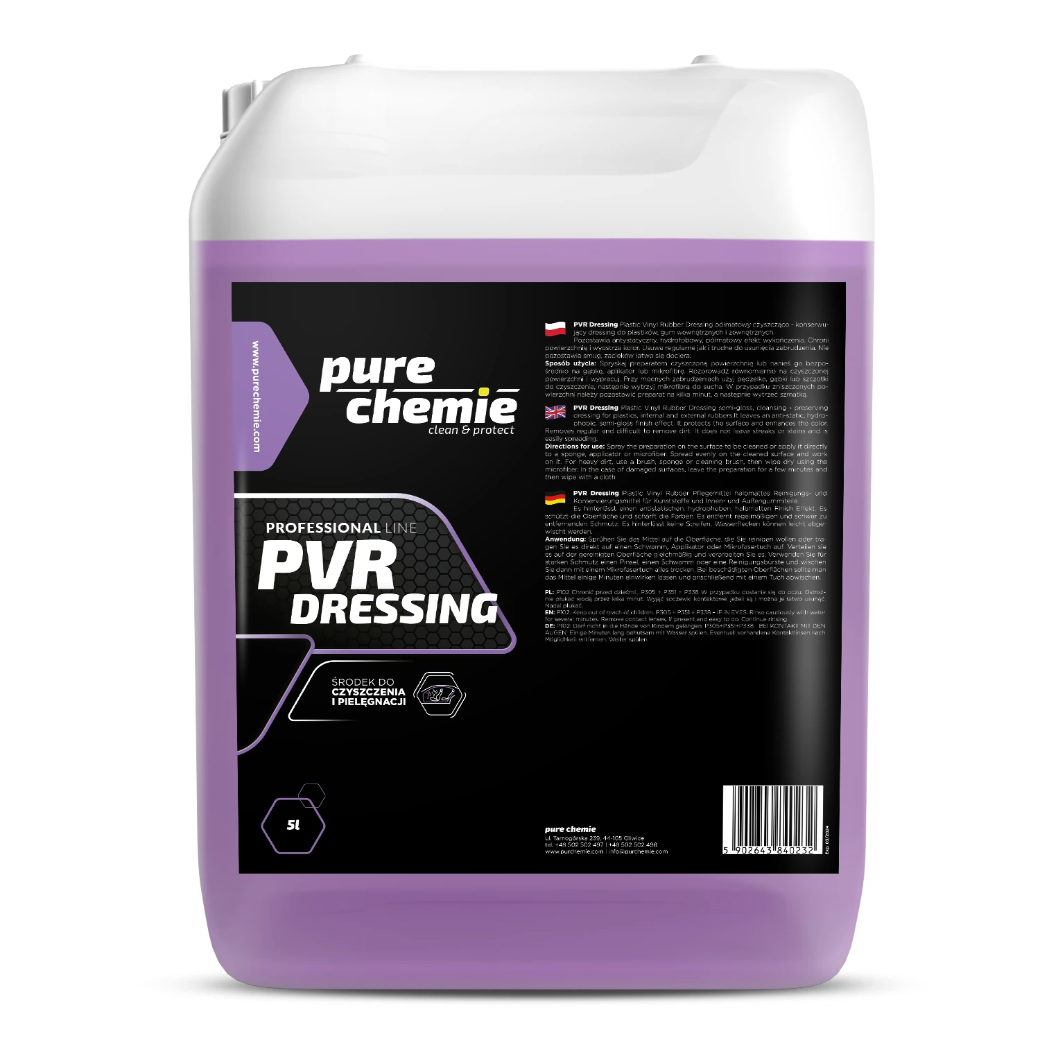Pure Chemie PVR Dressing – czyści i zabezpiecza plastiki wewnętrzne, półmatowe wykończenie 5l