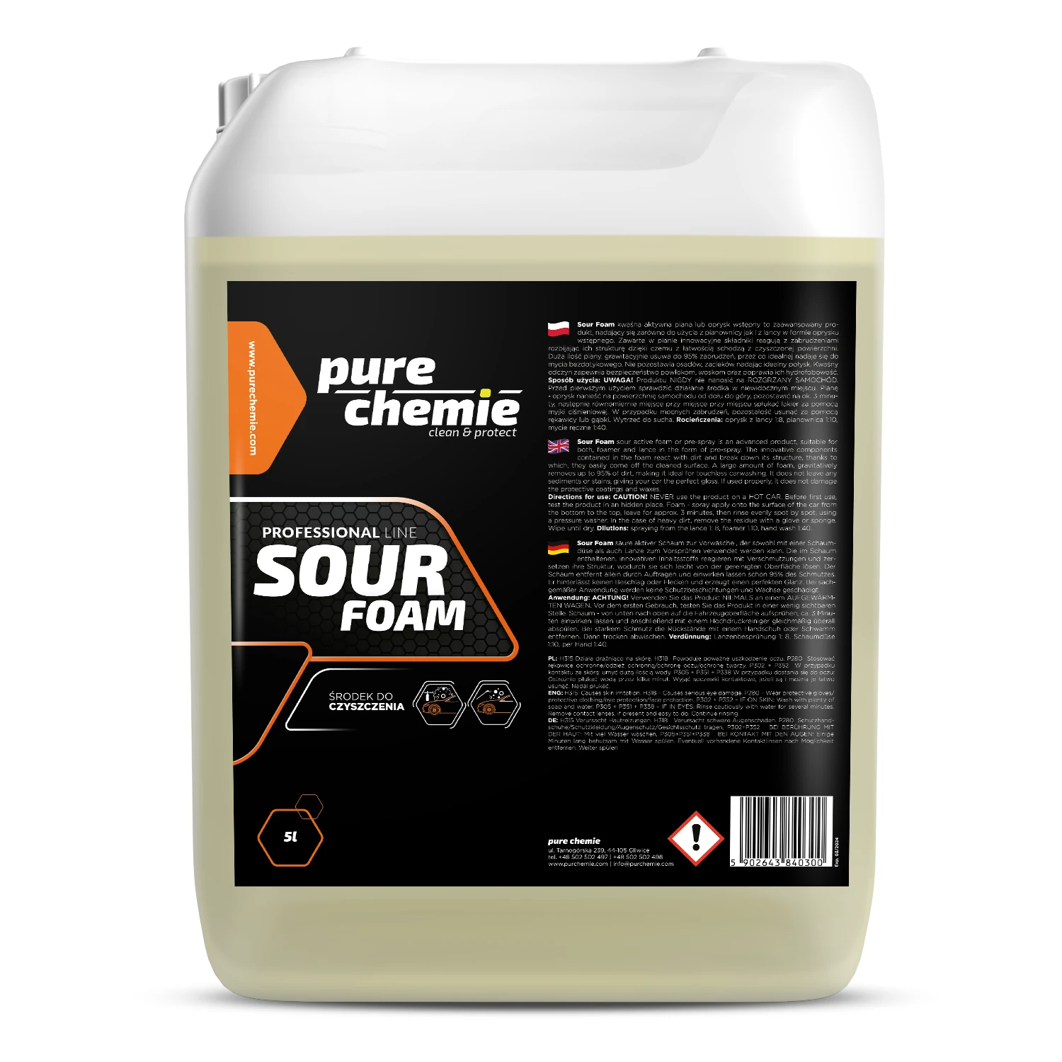 Pure Chemie Sour Foam – kwaśna piana aktywna/oprysk wstępny, doskonałe właściwości myjące 5l