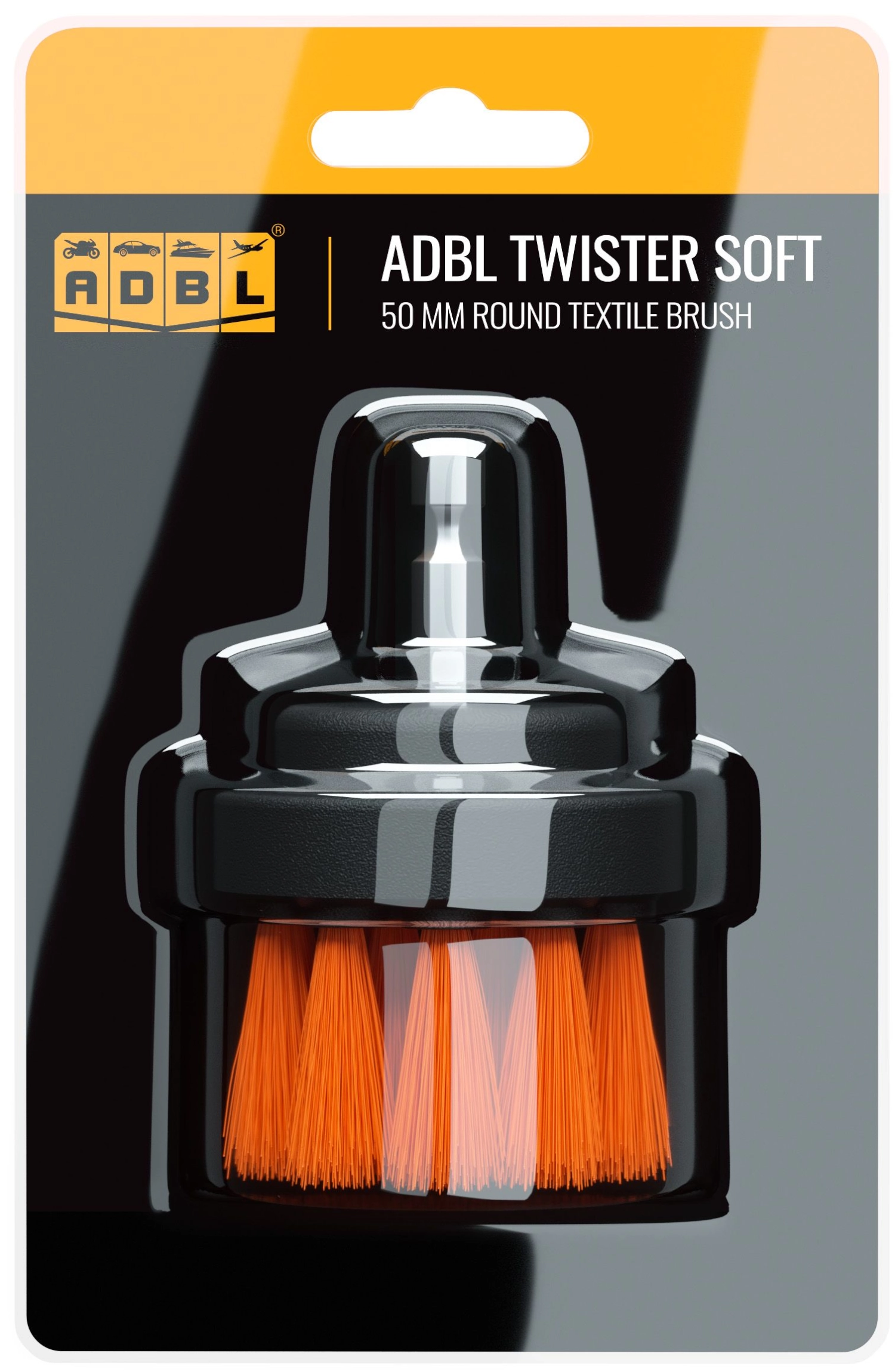 ADBL Drill Brush with soft bristles 50mm diameter for cleaning delicate surfaces and wheels