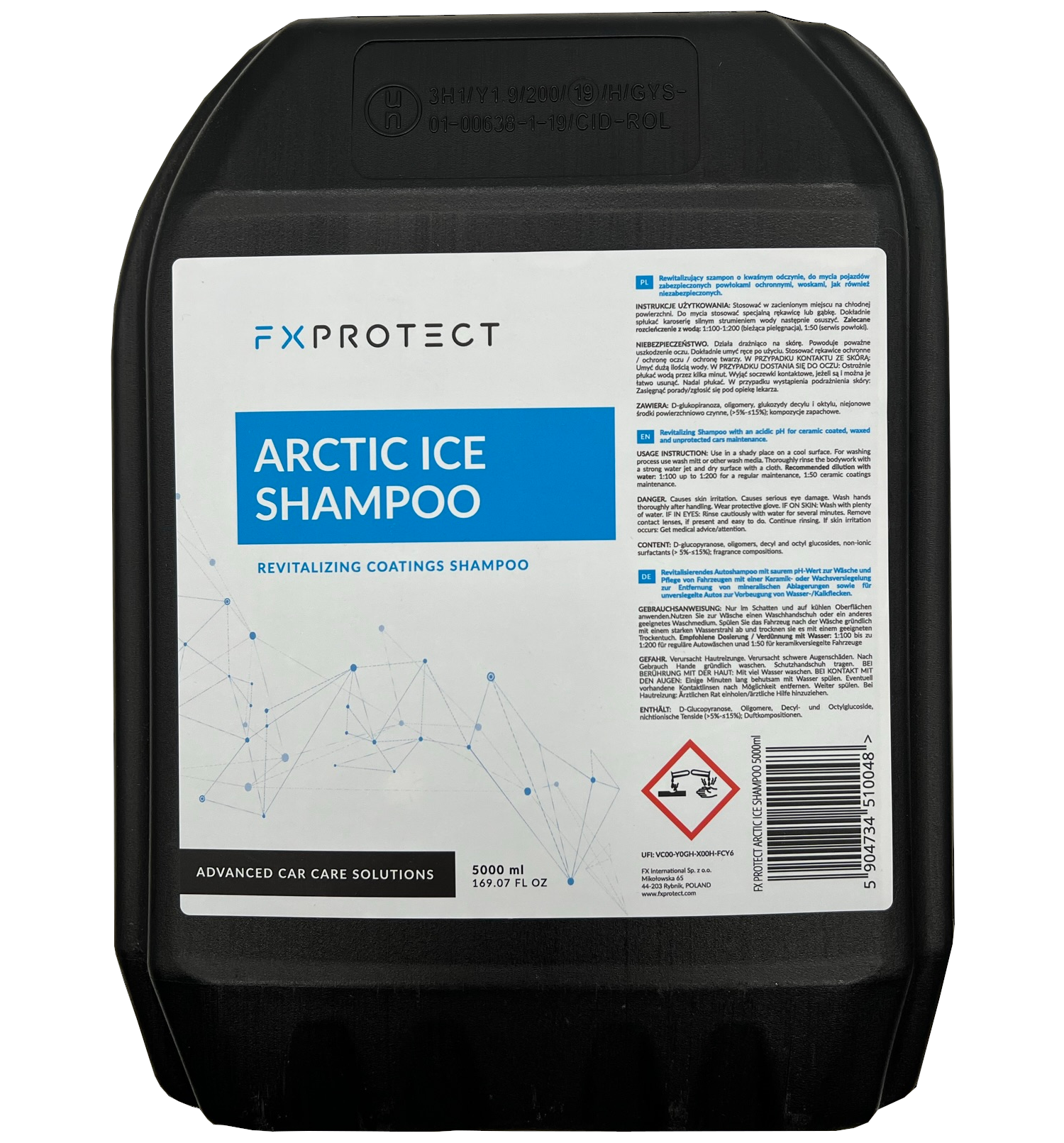 FX PROTECT Arctic Ice Car Shampoo 5L with acidic pH and corrosion inhibitors for professional detailing