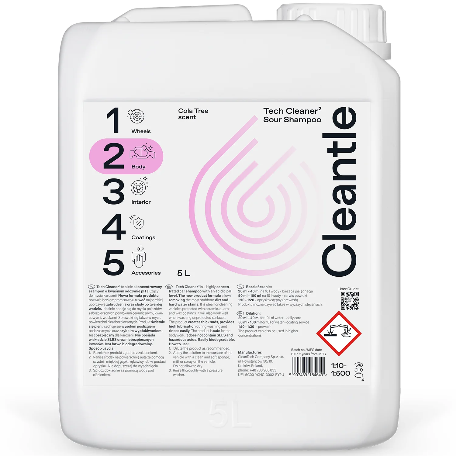 Cleantle Tech Cleaner2 car wax shampoo 5 litre concentrate with acidic pH for professional car washing