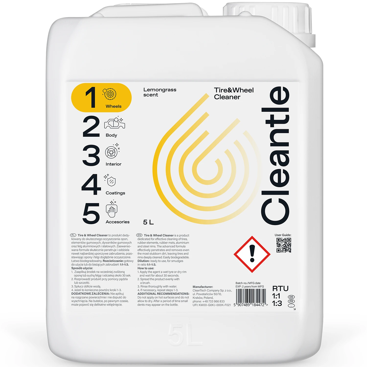 Cleantle Tyre and Wheel Cleaner 5L container, biodegradable cleaning agent for wheels