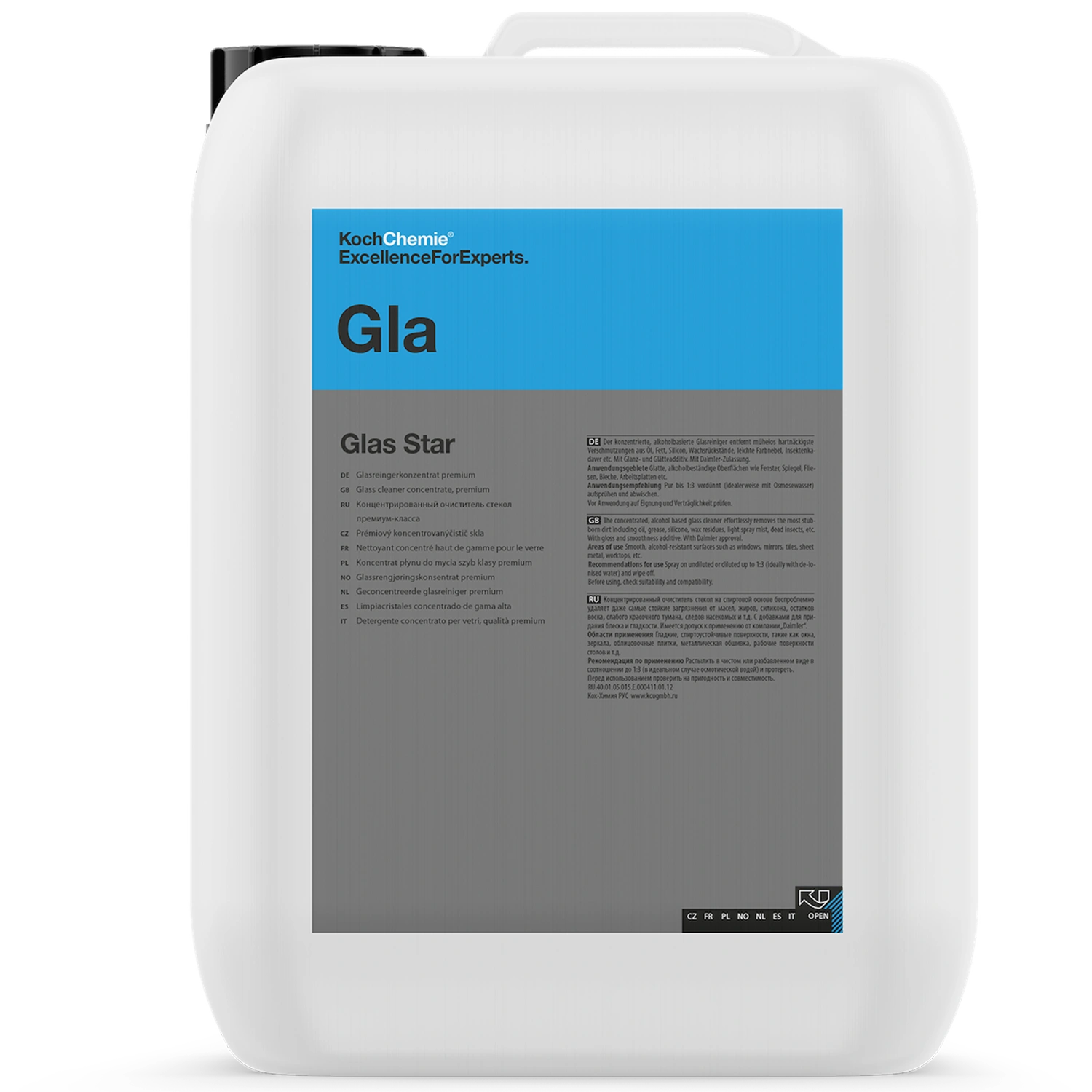 Alcohol-Based Glass Cleaner Concentrate, 10L, Streak-Free, Fast-Drying, Daimler Approved, Koch Chemie Glas Star