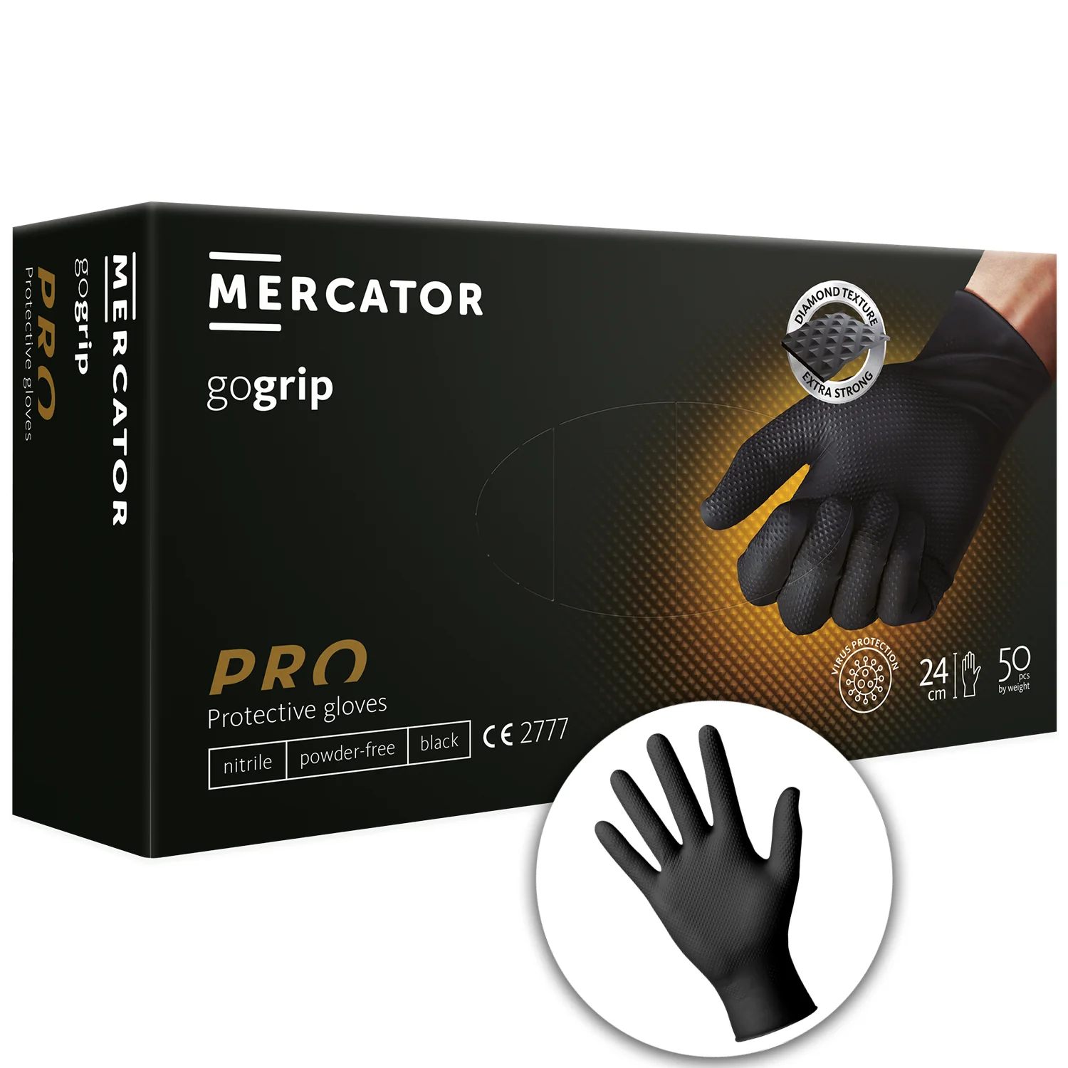 MERCATOR gogrip Black – bardzo trwałe rękawiczki nitrylowe, rozmiar L, 50 sztuk