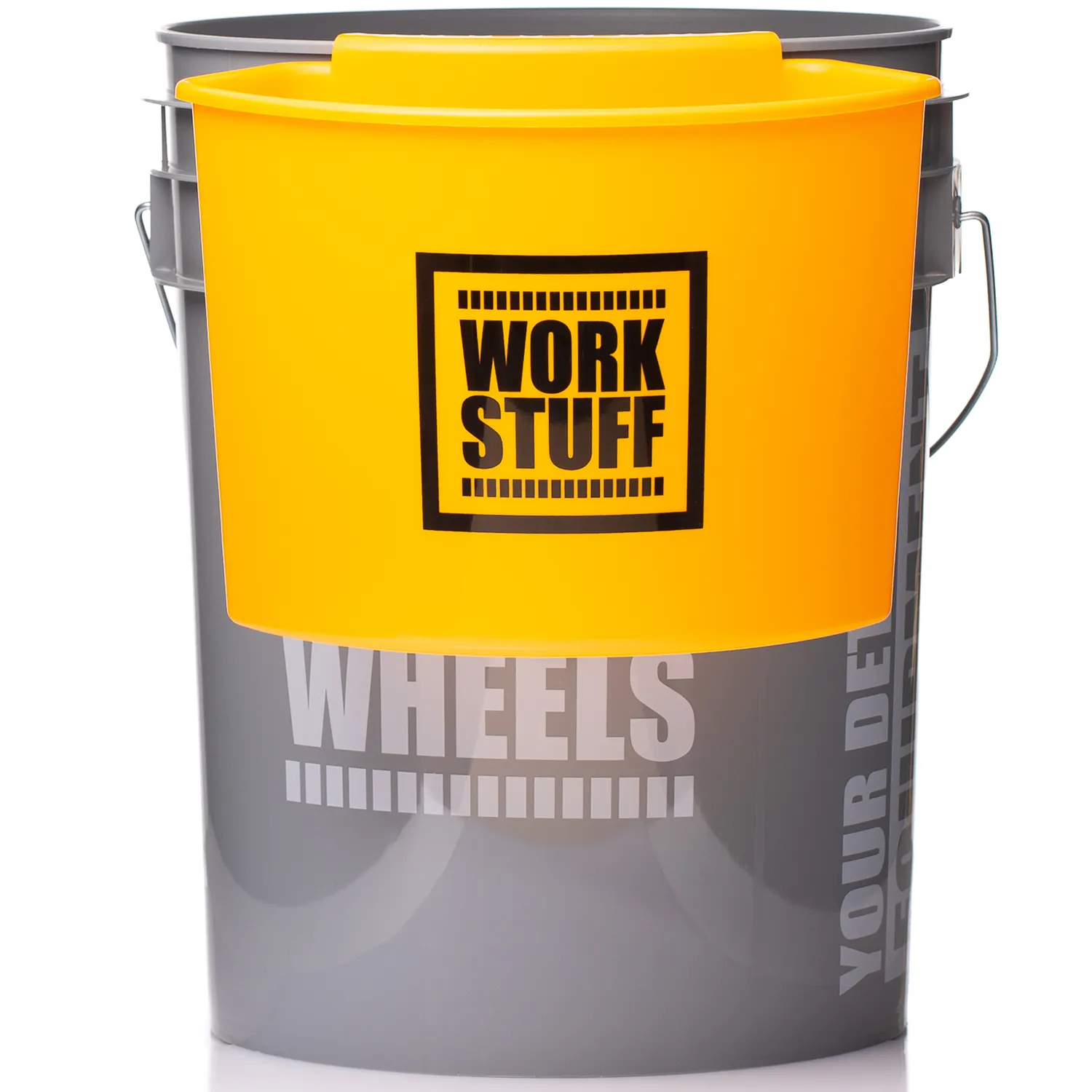 WORK STUFF Bucket Organiser with water drainage mounted on wash bucket for detailing accessories