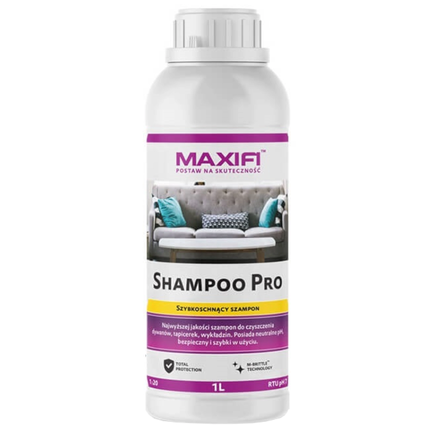 Bottle of Maxifi Carpet & Upholstery Shampoo 1L with M-BRITTLE technology, pH-neutral formula