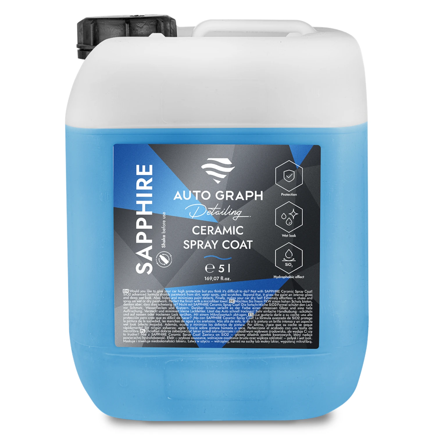 Auto Graph Ceramic Coating Spray 5L container with high SiO2 content for hydrophobic surface protection