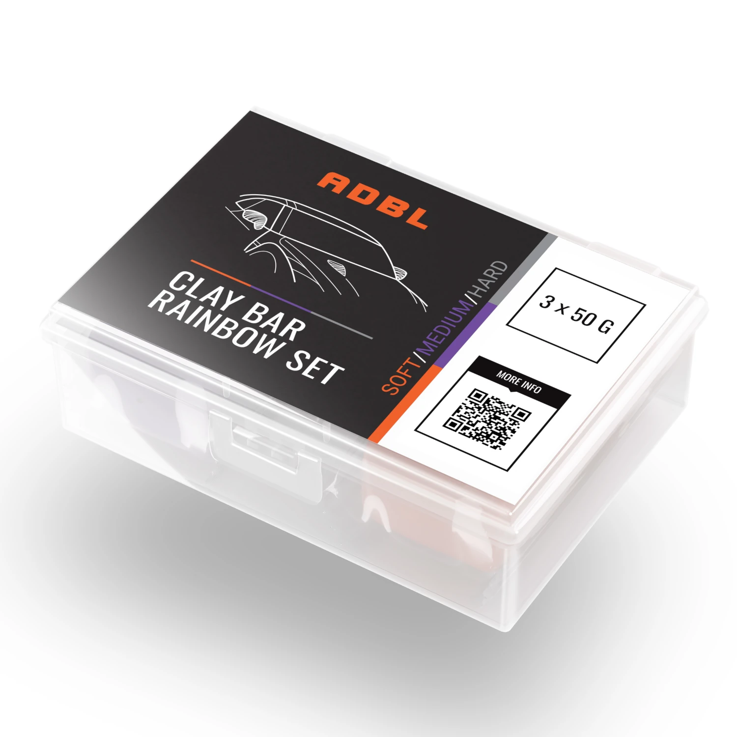 Clay Bar Set from ADBL with three paint cleaning clays in Soft, Medium and Hard, 50g each, colour-coded