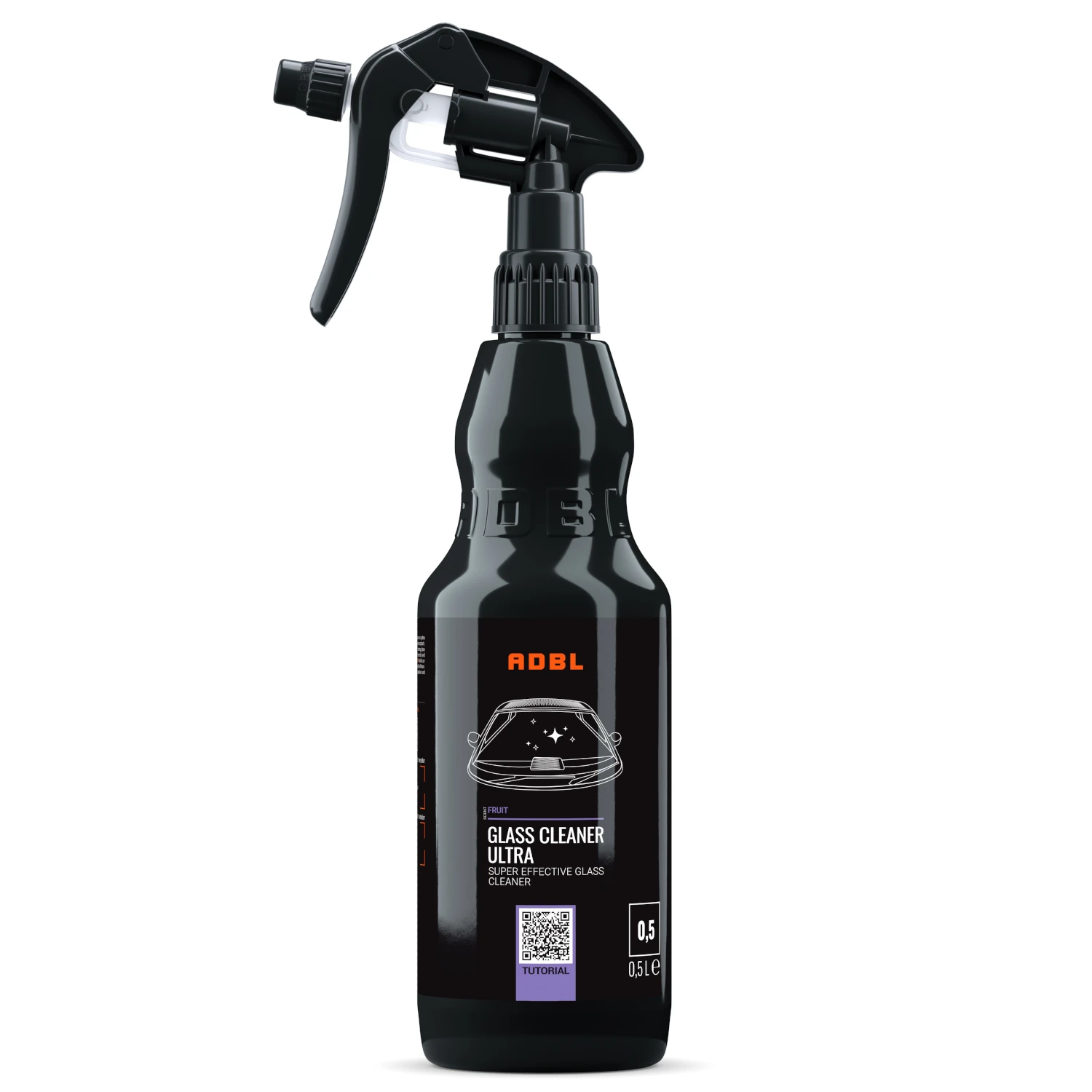 Glass Cleaner Ultra 500ml bottle with streak-free degreasing formula, ADBL