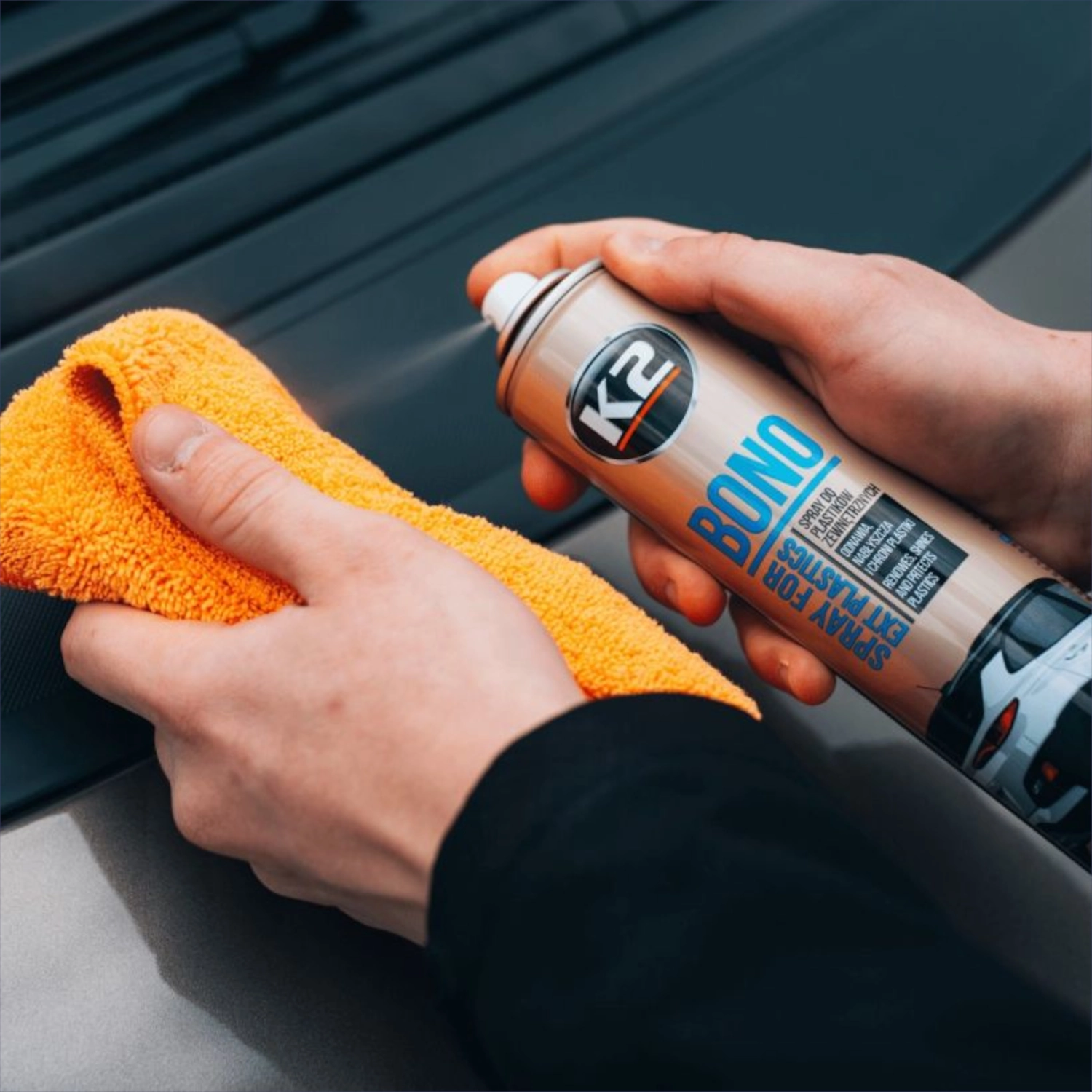K2 BONO Plastic Restorer 300ml spray bottle with UV protection for plastic and rubber surfaces