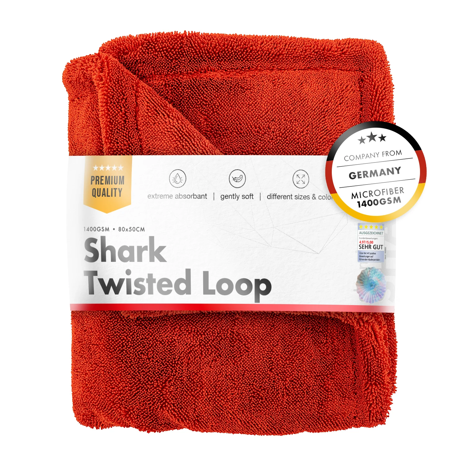 Red ChemicalWorkz microfibre drying towel, 1400 GSM twisted loop structure, 80x50 cm