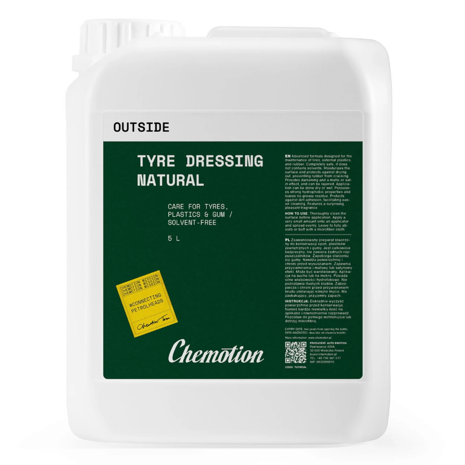 Chemotion NEW Tyre Dressing 5L solvent-free with banana scent for matt satin finish on tyres and rubber