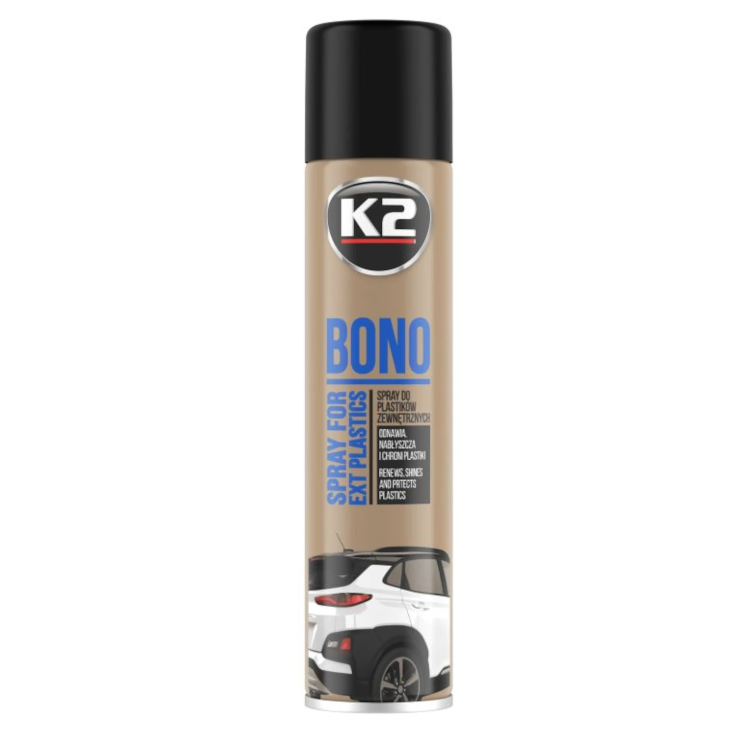 K2 BONO Plastic Restorer 300ml spray bottle with UV protection for plastic and rubber surfaces