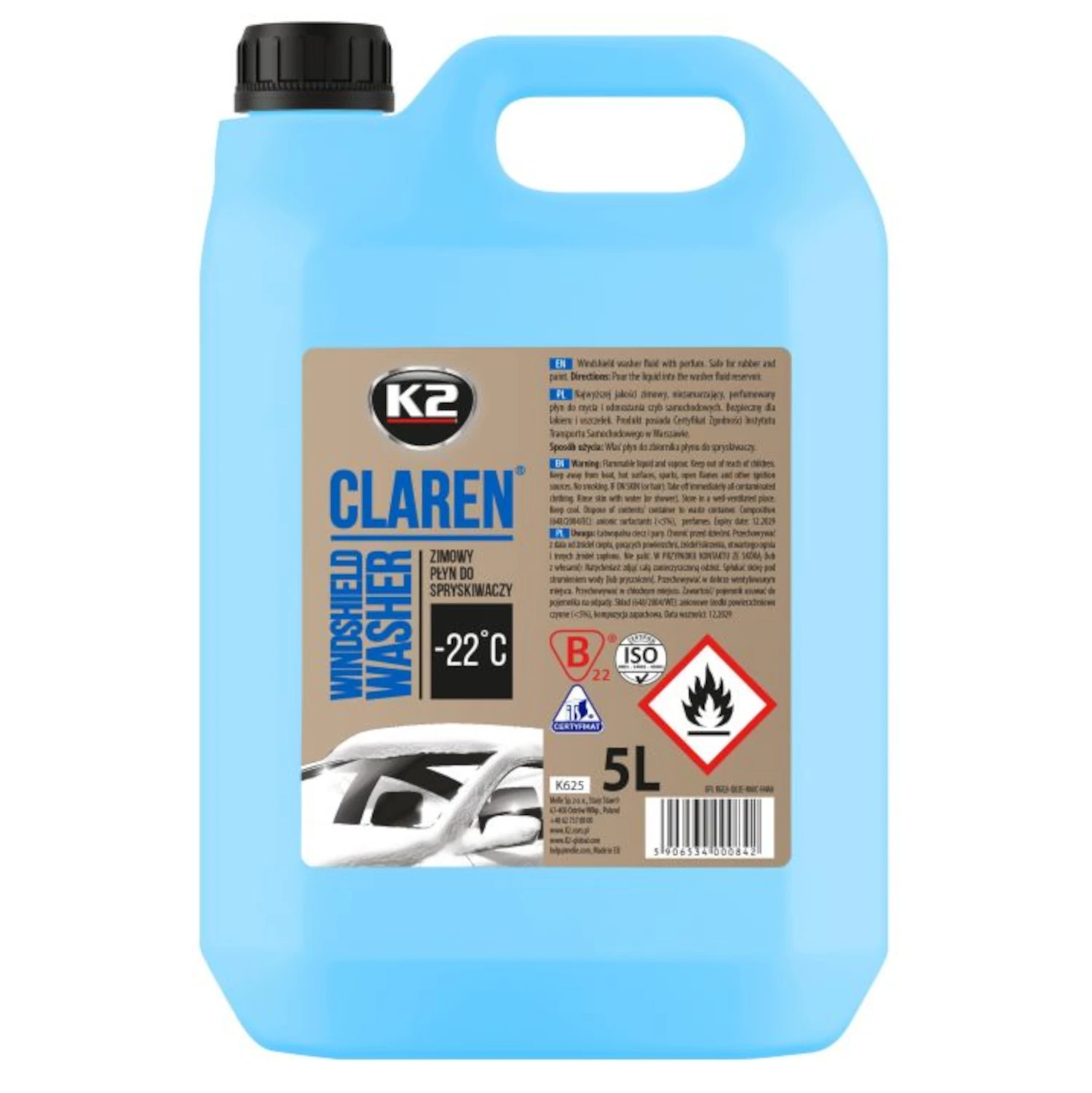 K2 Winter Screen Wash 5L fragranced with -22°C frost protection for vehicle screen wash reservoir
