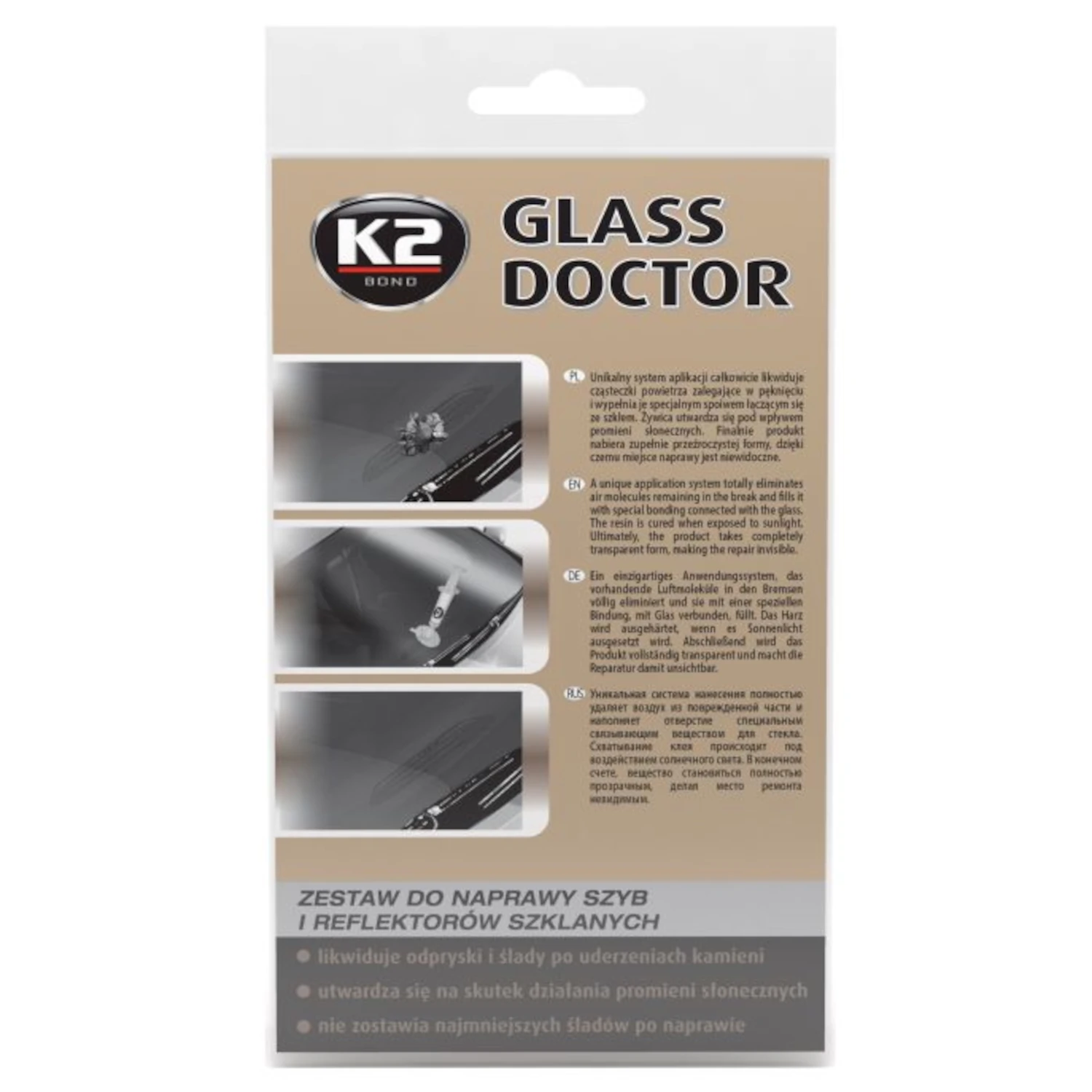 Windscreen Repair Kit with 0.8ml UV-curing resin for invisible stone chip repair, K2