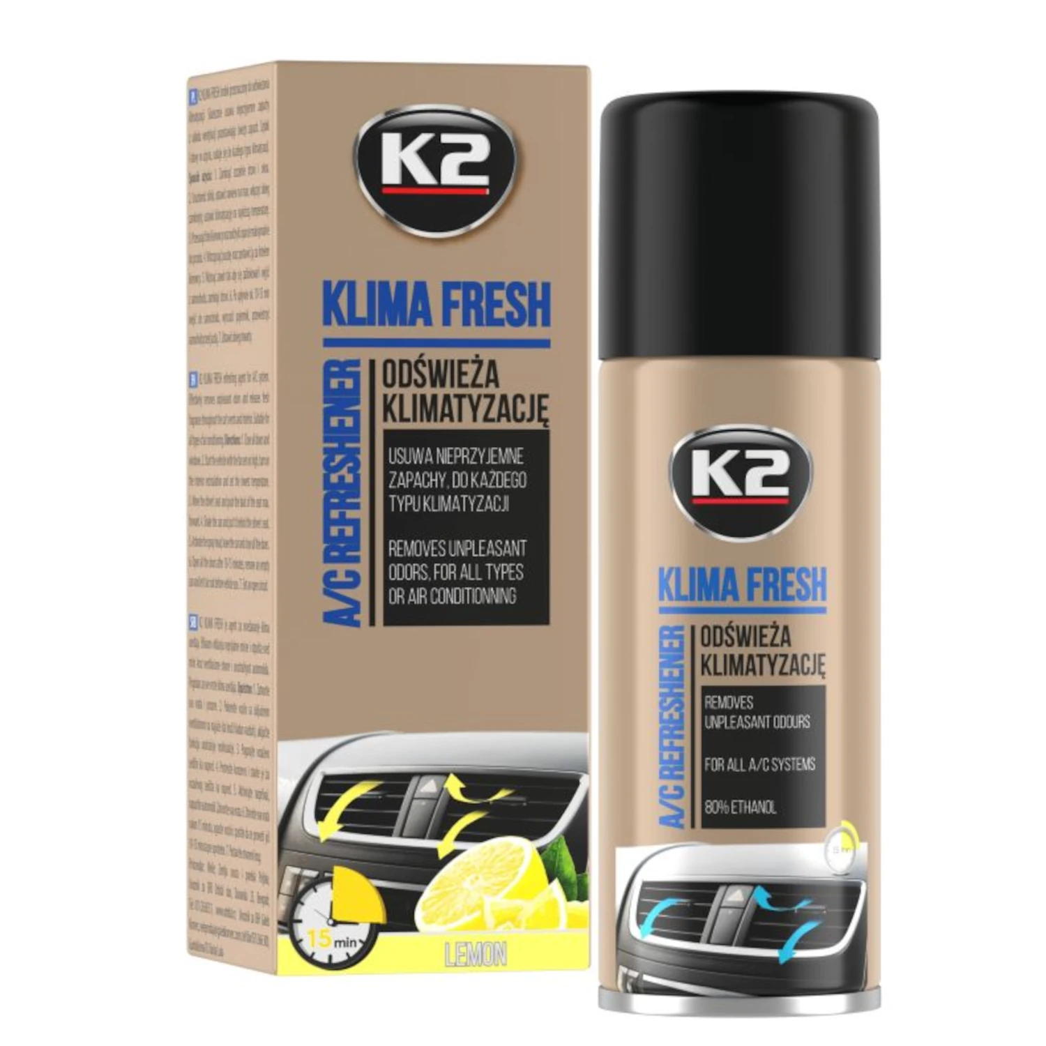 K2 Klima Fresh 150ml air conditioning freshener aerosol for vehicle ventilation systems