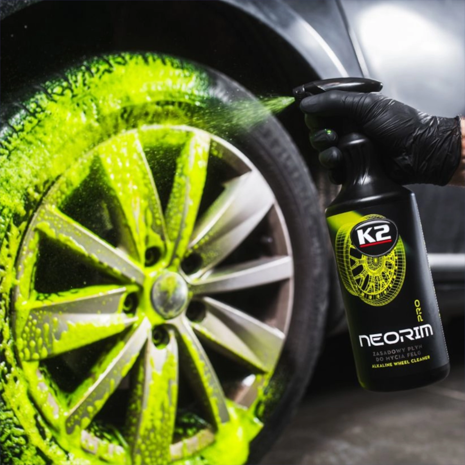 K2 Acid-Free Wheel Cleaner Neorim Pro 1L bottle with neon green foam for gentle wheel cleaning
