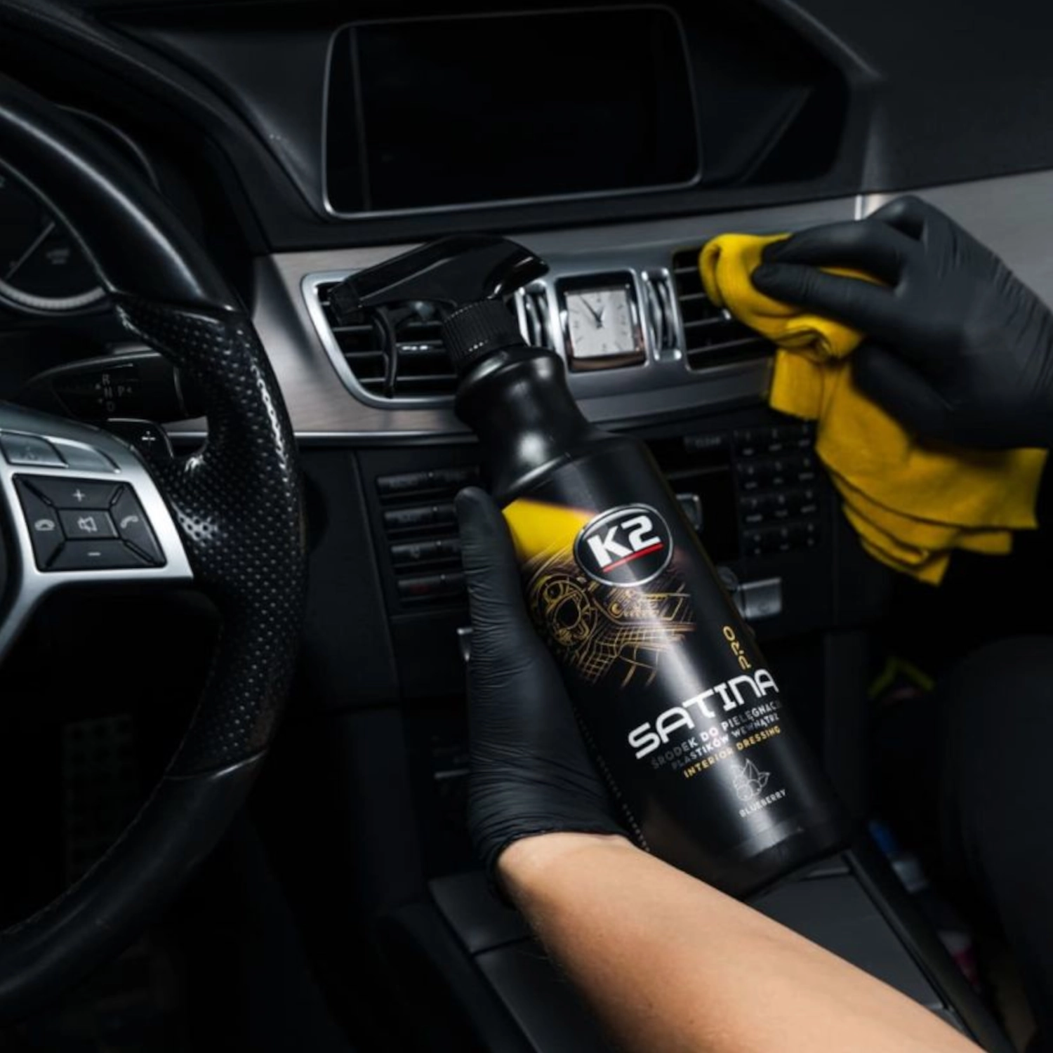 K2 Interior Plastic Care Satin Finish 1L bottle with antistatic effect and UV protection for car interiors