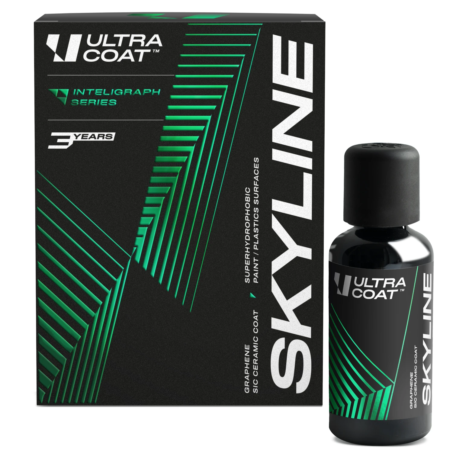 Graphene Ceramic Coating 50ml bottle with superhydrophobic surface, Ultracoat Skyline paint protection