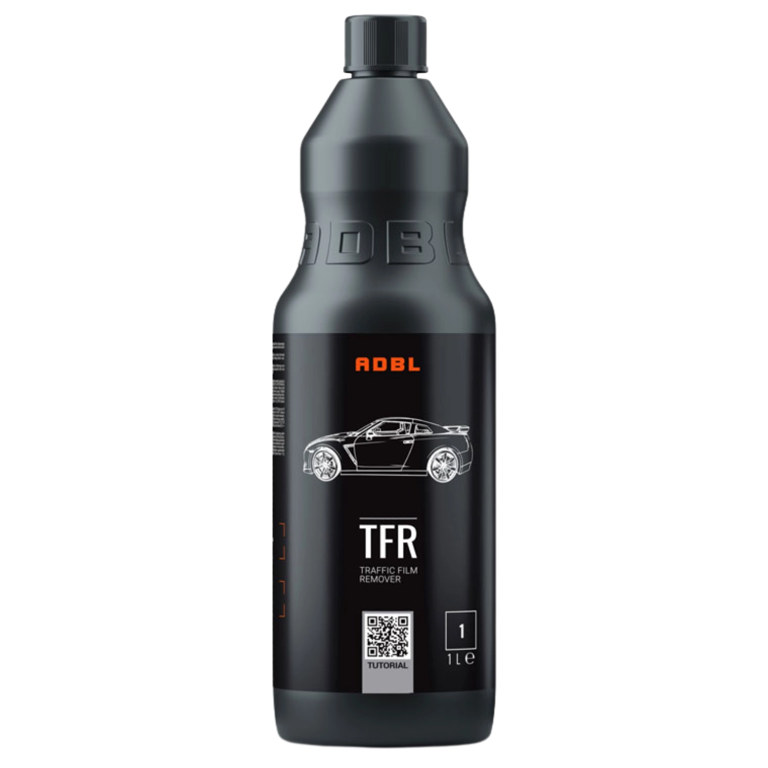 Bottle of ADBL Traffic Film Remover 1L, alkaline low-foam formula for pre-wash and steel wheel cleaning
