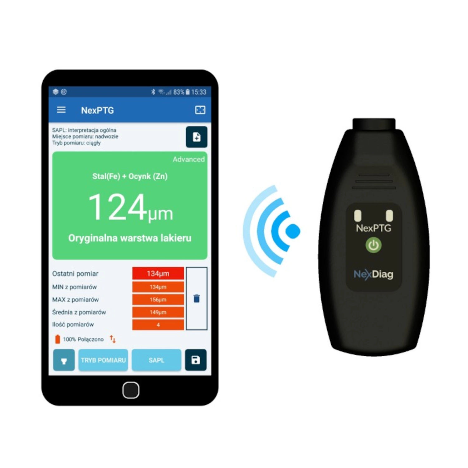 Paint Thickness Gauge NexDiag Nex000007 with Bluetooth connection, app and calibration kit for paint measurement